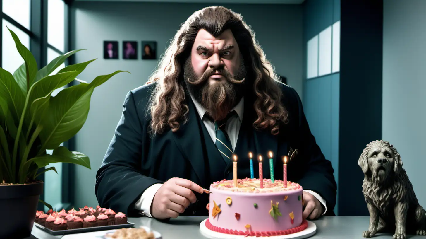 Kreiere ein Bild von Hagrid in einem modernen Büro mit vielen grünen Pflanzen. Er trägt inen gut sitzenden, übergroßen Anzug mit einer großen Krawatte mit Tiermotiven. Er behält seinen wilden Bart und sein wirres Haar und behält sein liebenswertes, riesiges Aussehen. Im Hintergrund frisst eine große schwarze Dogge den pinken Geburtstagskuchen von Harry Potter.