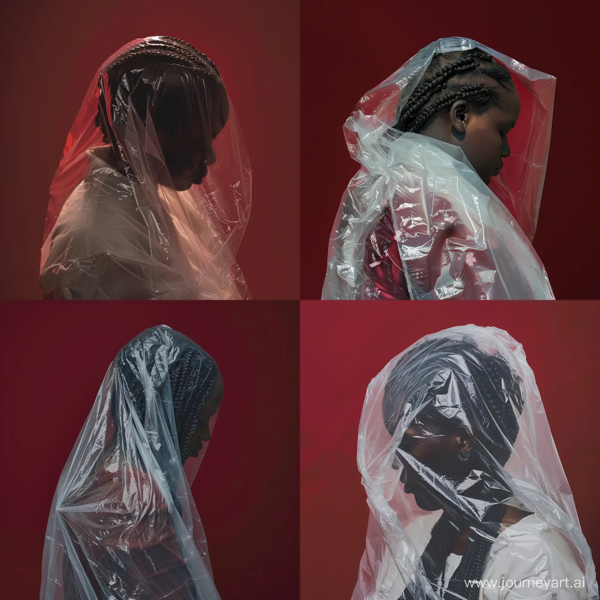 African woman covered in a clear draped plastic bag,in front of a deep red background. She is facing down and she has plaited hair