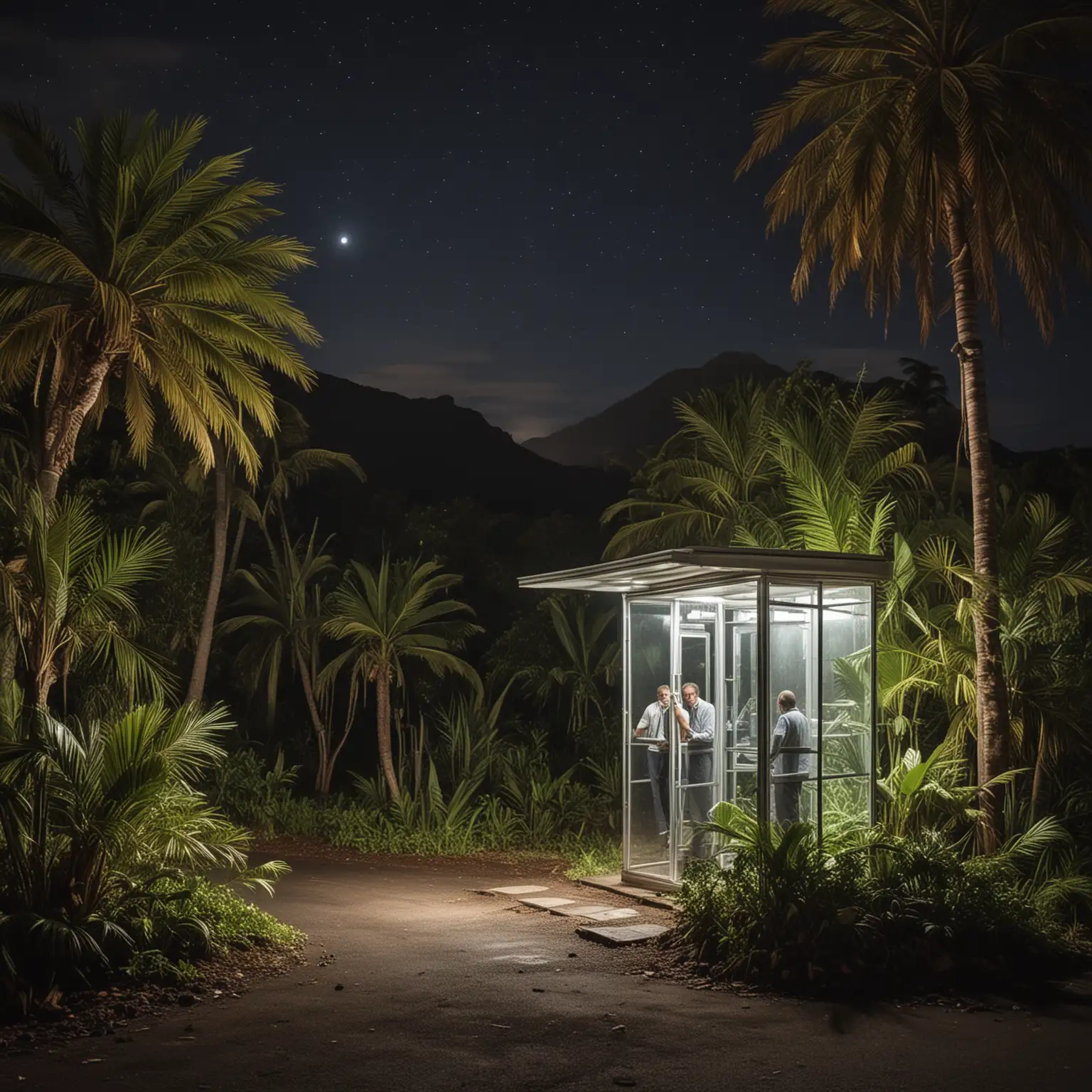 Nocturnal Encounter Three Runionese Men in a Transparent Telephone Booth