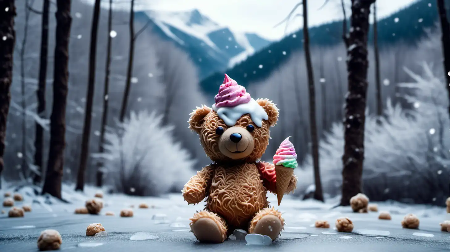  teddy bear lost in frozen forest covered with ice cream. Replace teddy bear head with camera.  replace mountains caps with ice cream scoops in the depth of field. Snowing in the enviroment , ray tracing