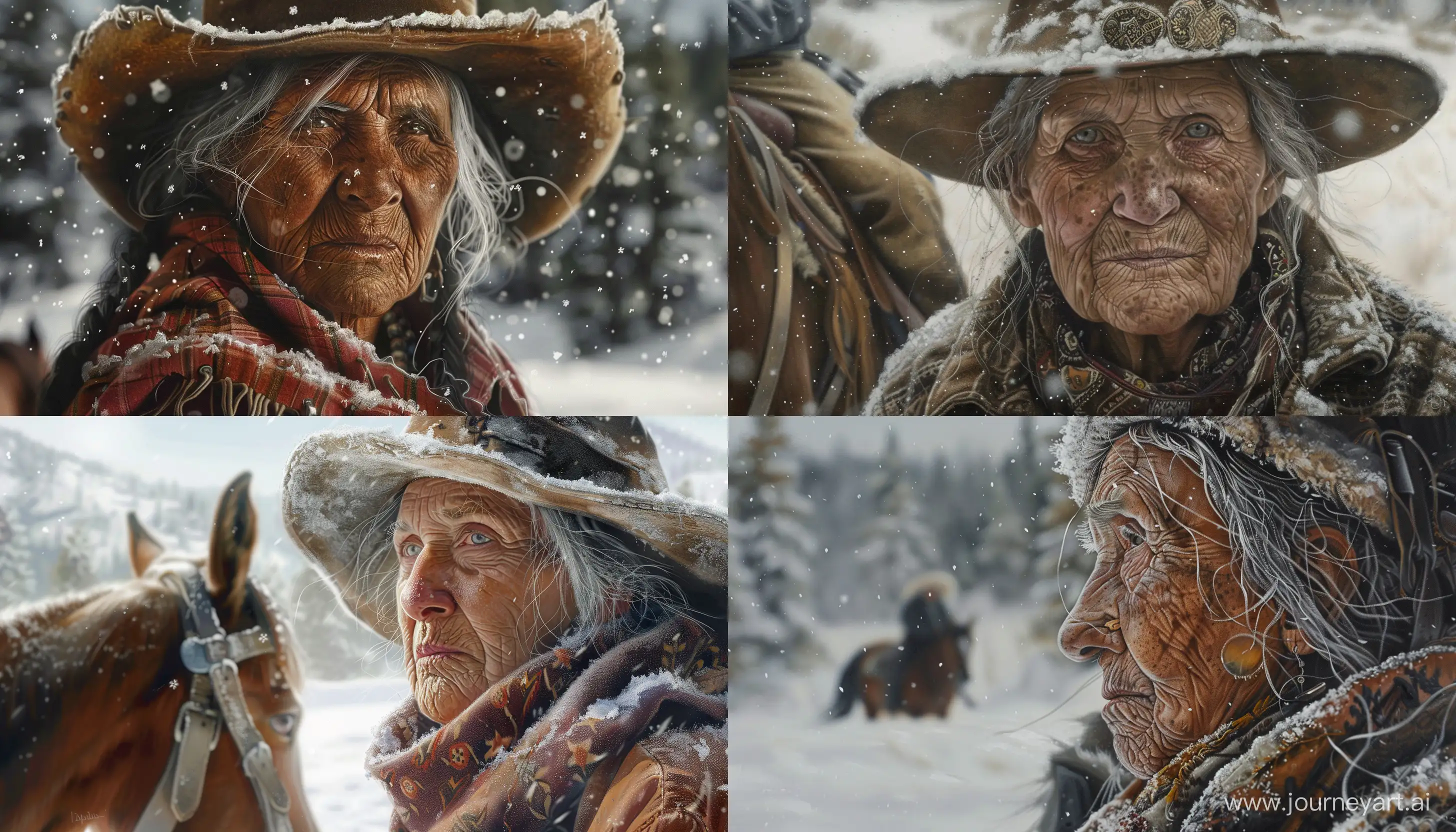 Rrealistic painting  a close up old woman from cowboy era  in landscape snow in western countries  horse focus highly detailed --ar 7:4