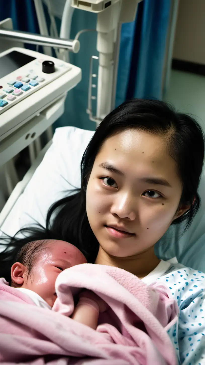 Teenage Mother Embracing Newborn Baby in Hospital Bed