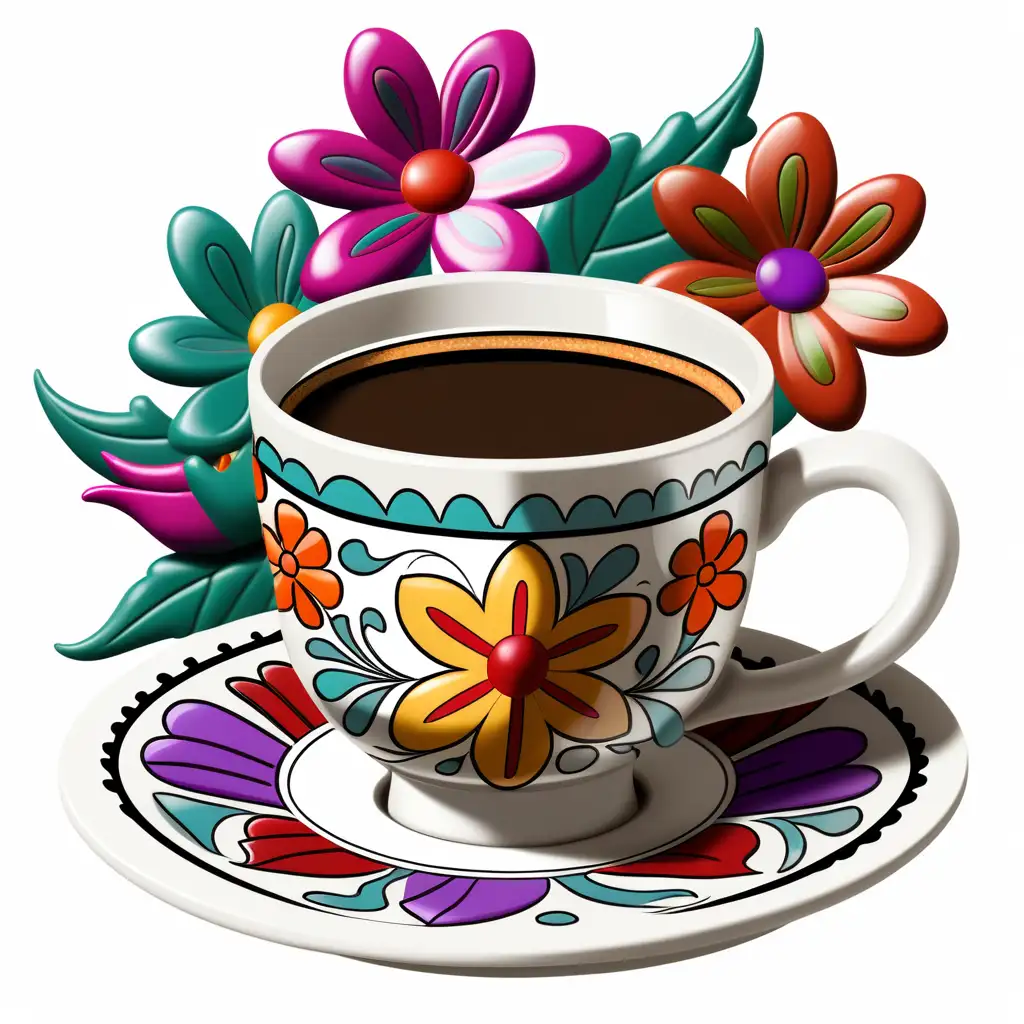 a drawing of a mexican coffee cup and saucer with floral designs and a transparent background
