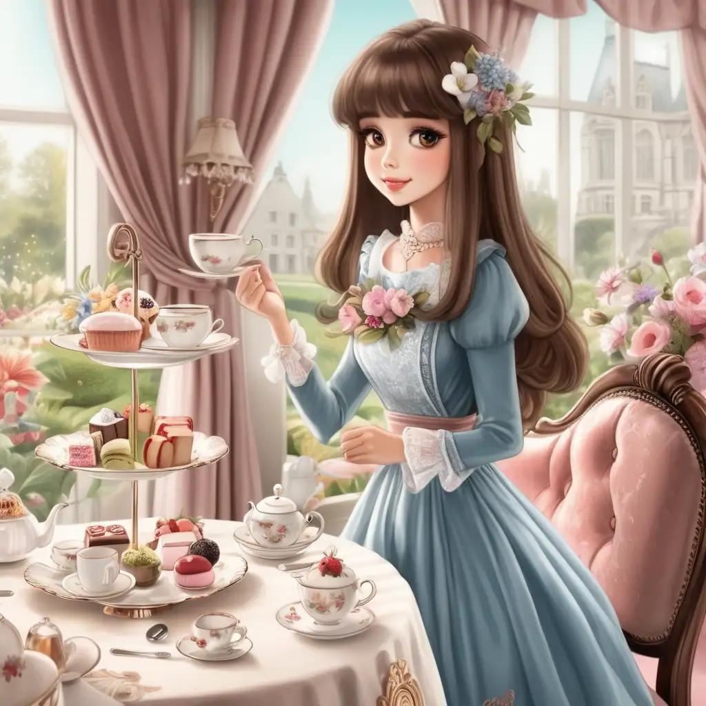 Charming English Girl in a Beautiful Dress Enjoying Afternoon Tea with Flowers Cartoon Illustration