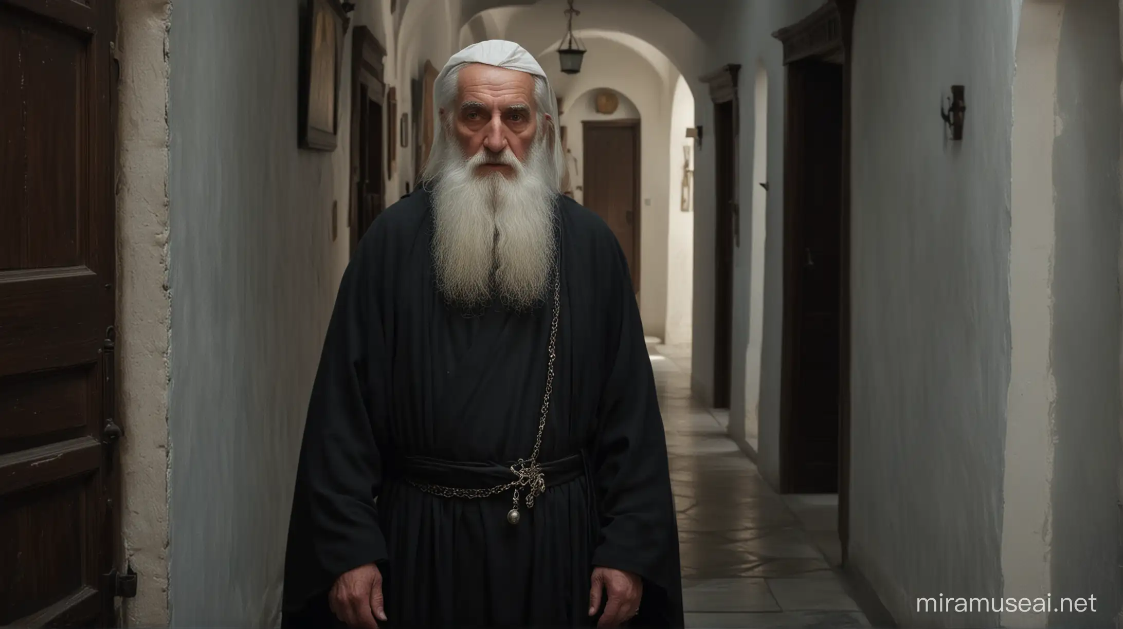 Saint Kosmas of Aetolia, old man with long white beard of short stature, the clothing is black and similar to that of a Greek Orthodox monk, 18th century, Greece, Saint Cosmas is just staring straight ahead, in a hallway of the monastery on Mount Athos, frontal shot, hyper-realistic historical cinematography