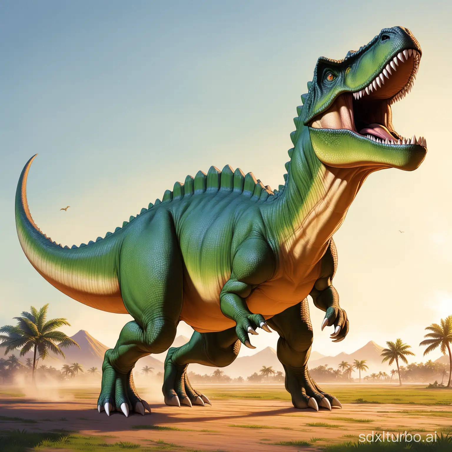 Vibrant-Dinosaur-Illustration-Prehistoric-Creature-Roaming-in-a-Lush-Jungle