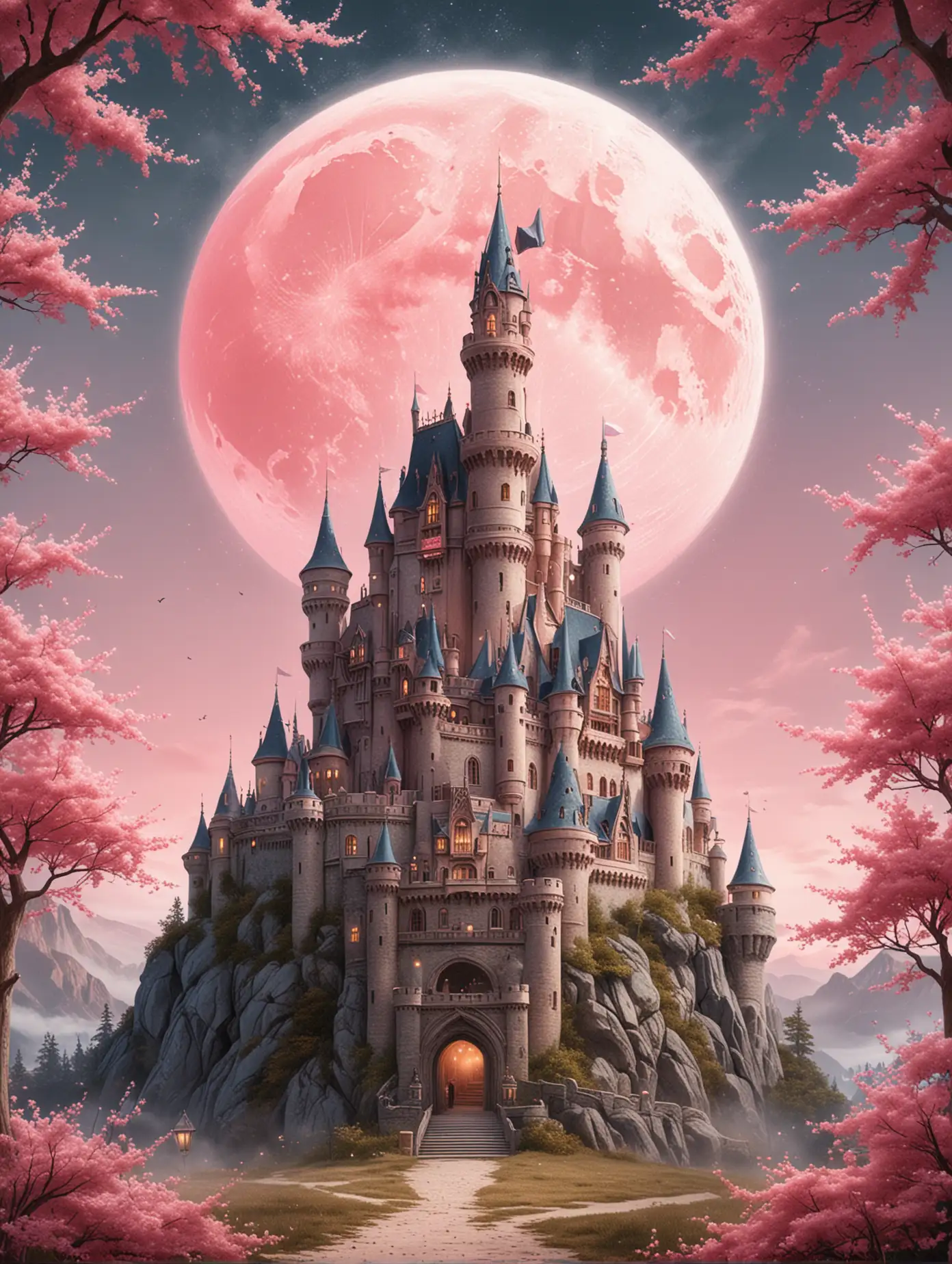 Enchanted Fairytale Castle with Pink Moon in Daylight