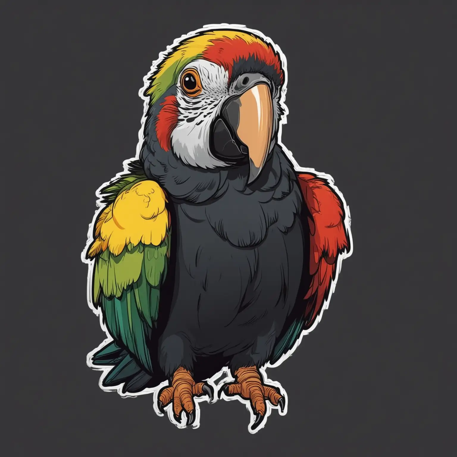 Exaggerated FullBody Parrot Caricature Sticker with Bold Lines on Black Background