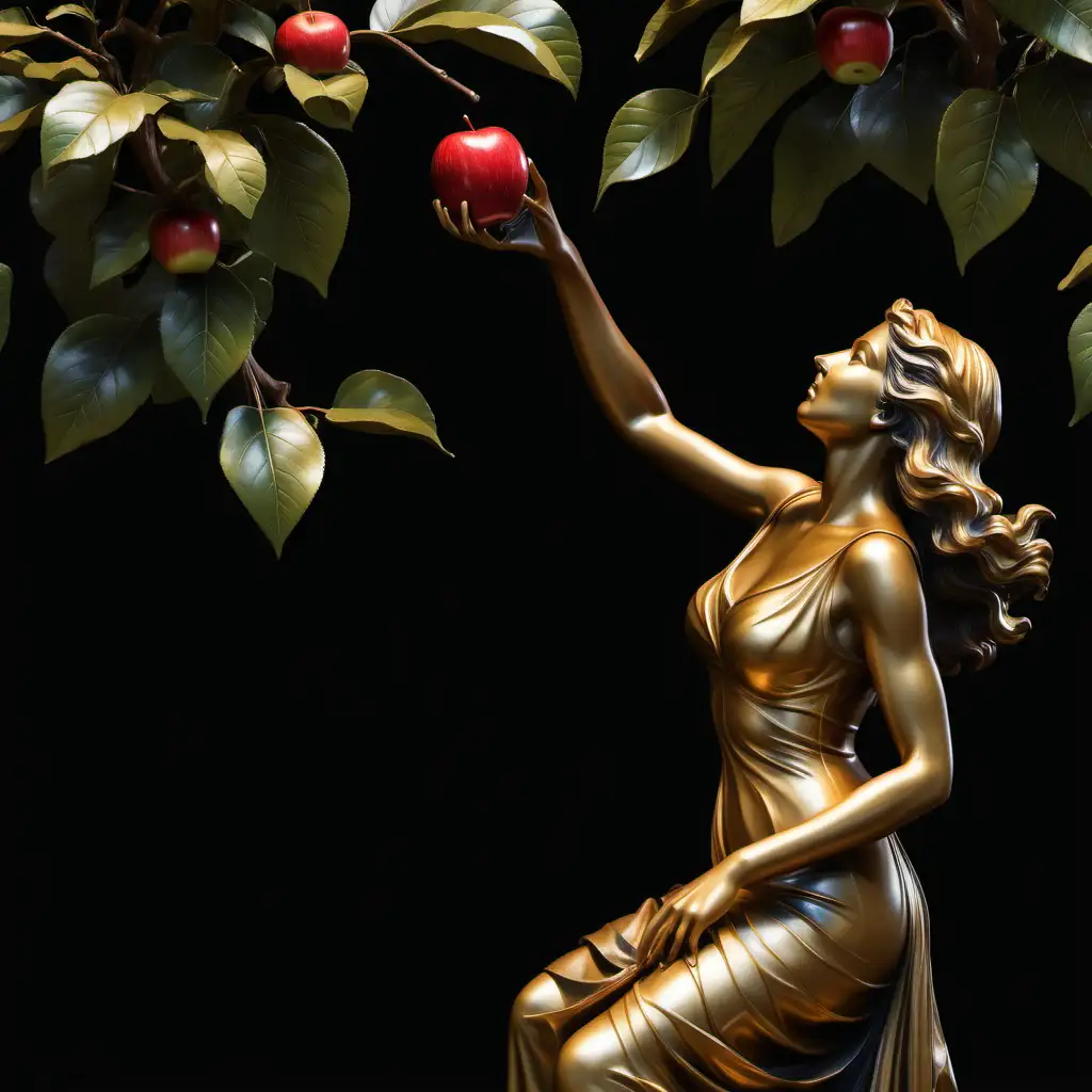 Realistic Golden Statue of Woman with Red Apple in Black Background