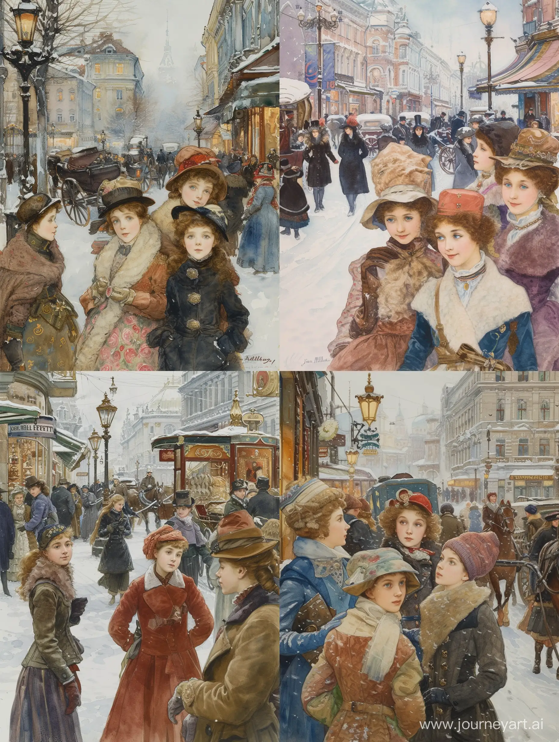 Subject: The central theme of the image is a winter scene in Moskau in 1910, capturing the essence of a busy street. The focus is on a group of elegant girls, highlighting the fashion and lifestyle of the time. The artist, John Everett Millais, skillfully brings the historic setting to life through his Watercolor painting. Setting: The background features a bustling street in Moskau during winter, creating a lively atmosphere with people engaging in various activities. The winter setting adds a charming touch, with perhaps snow-covered streets and vintage architecture. Style/Coloring: Millais employs the classic style of Watercolor painting, using rich and warm colors to evoke the ambiance of the early 20th century. The winter palette may include cool tones like blues and grays, contrasting with the vibrant colors of the girls' clothing. Action: The girls are depicted engaging in daily life activities, suggesting movement and vivacity. Millais captures the dynamic energy of the busy street, enhancing the narrative of the era. Items/Costume: The girls are likely adorned in fashionable clothing of the time, showcasing the trends and styles prevalent in 1910 Moskau. The painting may feature accessories such as hats, gloves, and other period-specific items. Appearance: The characters' appearances are refined and sophisticated, reflecting the societal norms and fashion of the early 20th century. Millais pays attention to detail, emphasizing the unique facial expressions and features of each individual. Accessories: The accessories in the painting, such as street lamps, horse-drawn carriages, and storefronts, contribute to the historical context. These details add depth and authenticity to the overall composition.