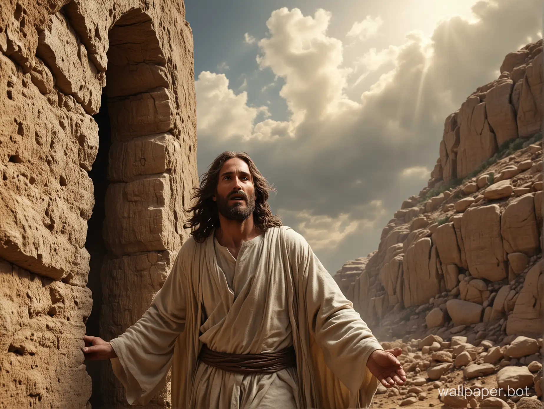 Jesus Christ resurrection, the stone of the tomb is rolled away and Jesus emerges. detailed features, sharp image., best quality, highly detailed, masterpiece, extremely detailed clothes, exquisite facial features, full body shot. no double images.