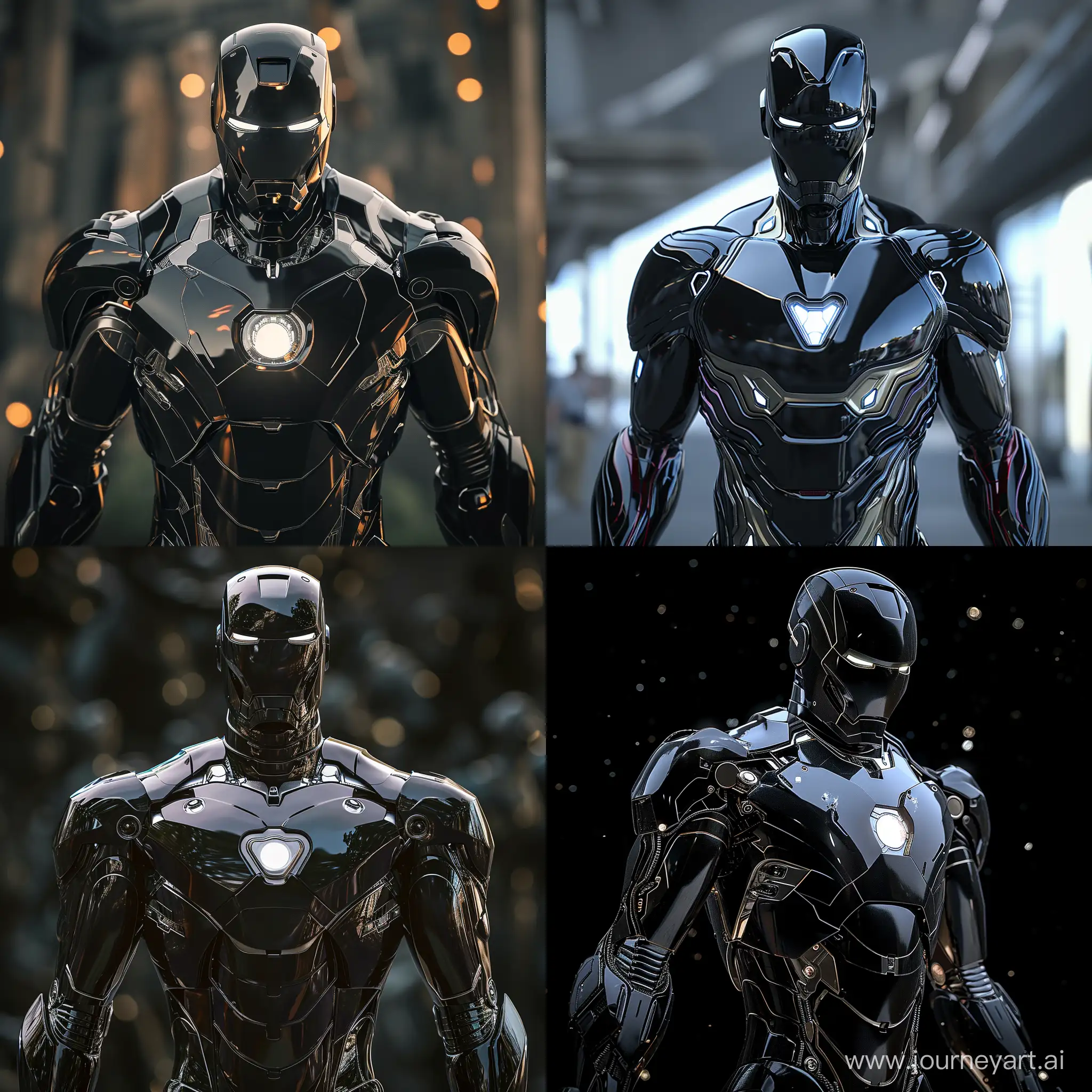 Iron man with fully black armor, reflective, detailed, 8k