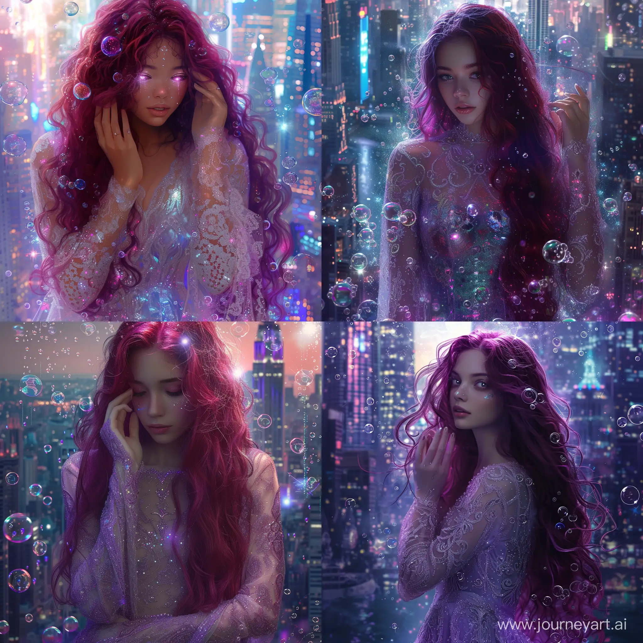 ((intricate city background, gem studded background)) ,1 girl, (ruby hair, inner curls:1.2),long hair, shining eyes, long iridescent dress, lace dress, 👗, ((face close-up)),scattered bubbles, iridescent, lighting, glitter, sparkle, gem background, top quality, 8k,precise background,,stylish,shimmering effects--no missing fingers,bad hands,bad anatomybad anatomy