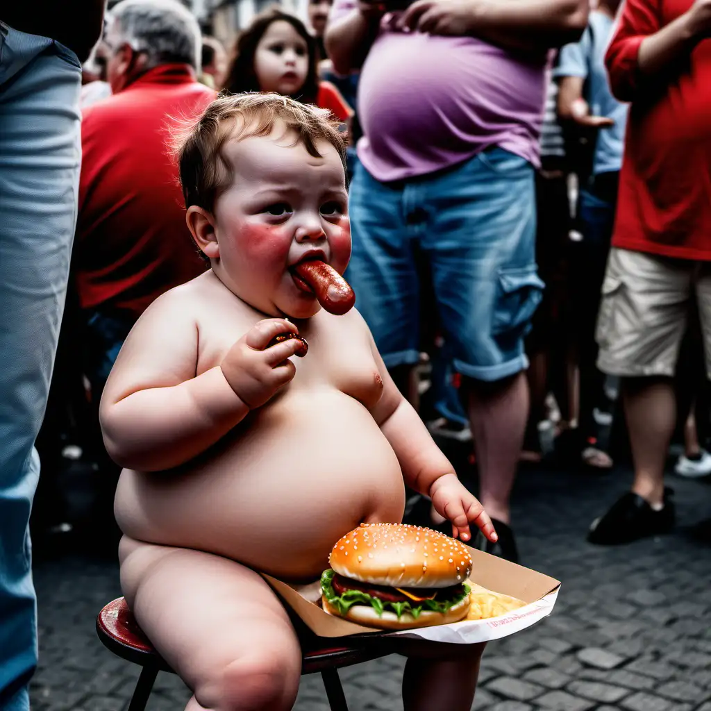 street party in hell, photography, natural colour, Fujifilm X100V, natural style,  ultra realism, a small, very fat child with a big belly, eating a burger sausage, with  