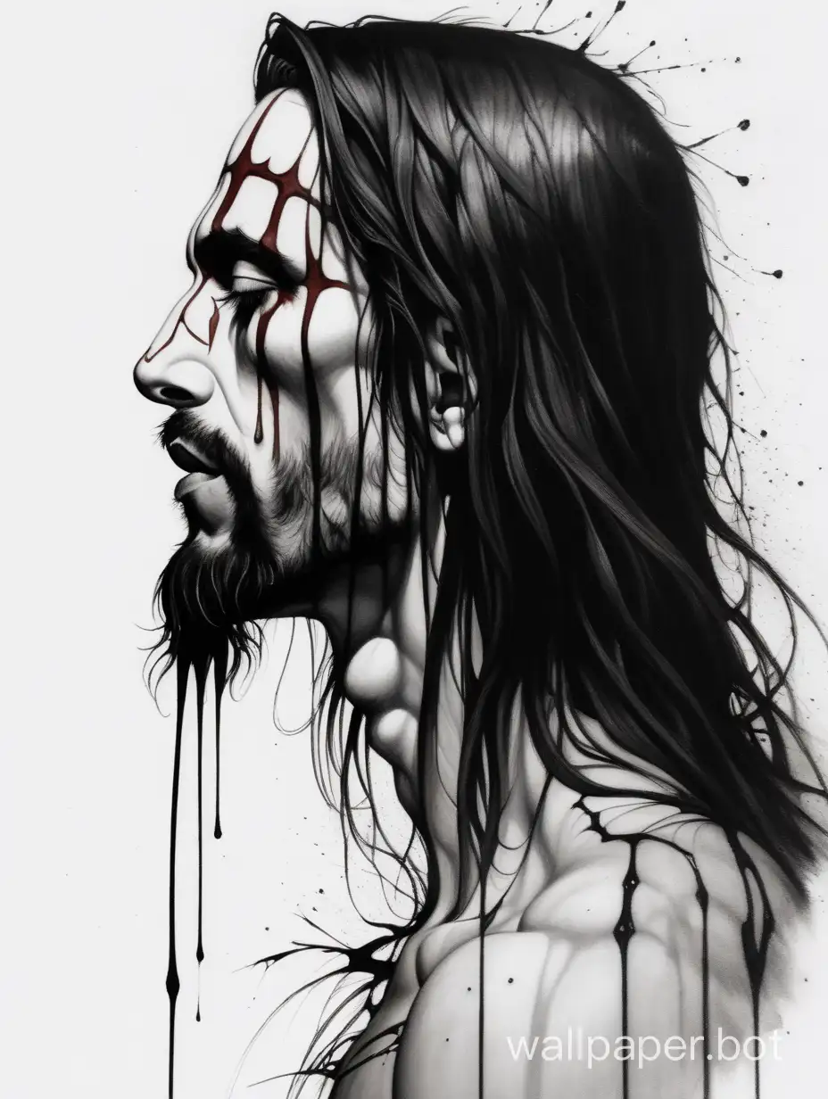 jesus christ , almost profile angle, modern dark tattoo style, explosive strong brush chaos dripping , michael hussar black ink details, white background