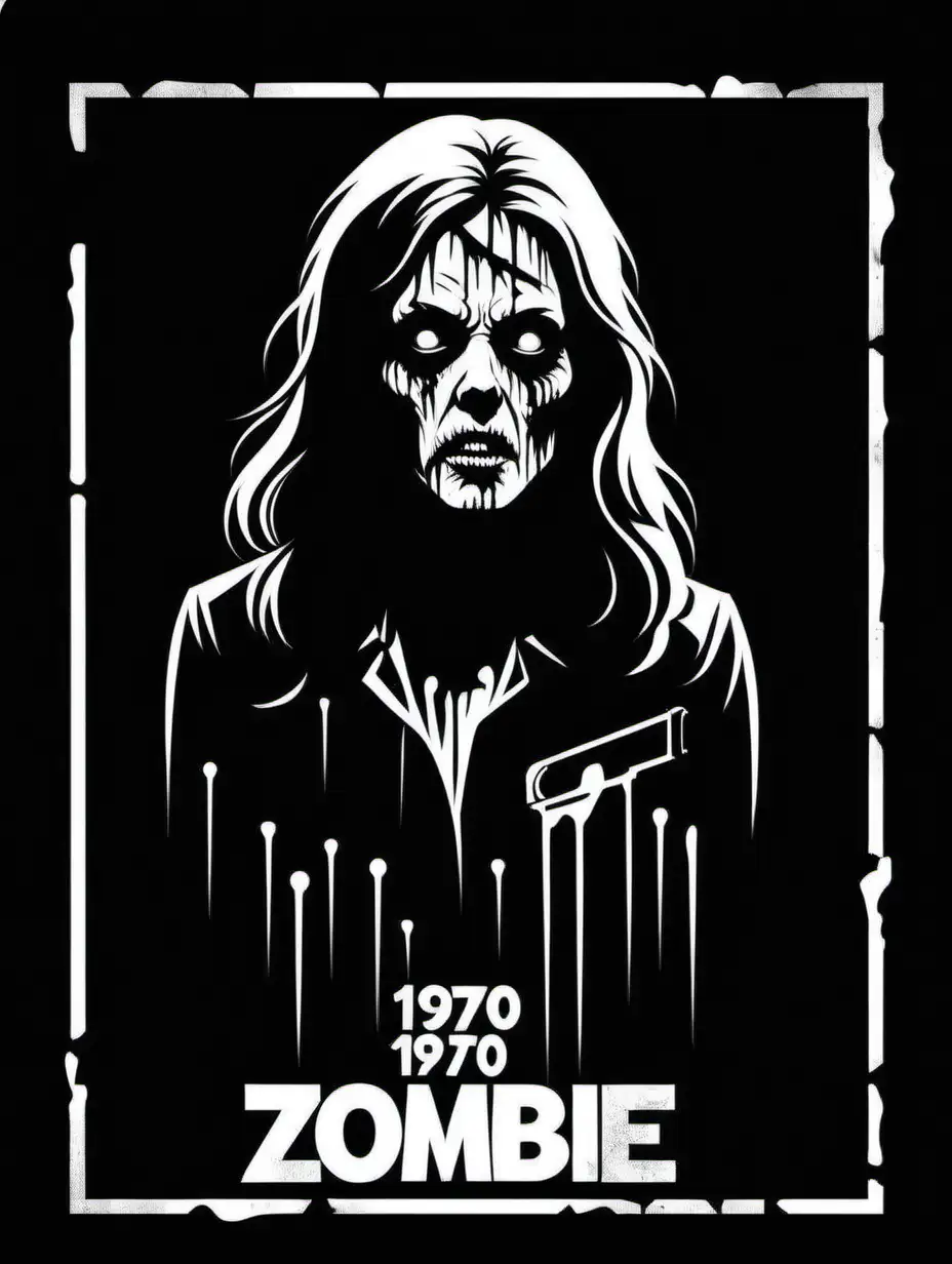 1970s Zombie movie poster, black and white, stencil, minimalist, simplicity, vector art, negative space, isolated on black background
