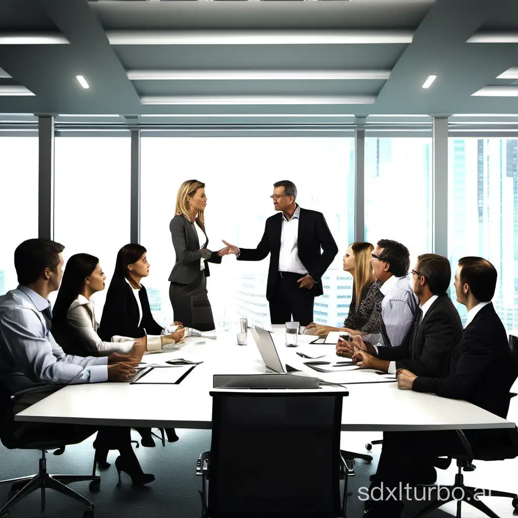 Generate the image: "A highly realistic and detailed digital rendering of a group of professionals discussing ideas and collaborating on a project or task. The scene depicts a conference room with natural lighting, presenting a photorealistic impression that matches traditional photography. The image will capture the individuals' expressions, body language, and actions to represent a truly realistic interaction between people working together in a professional setting"