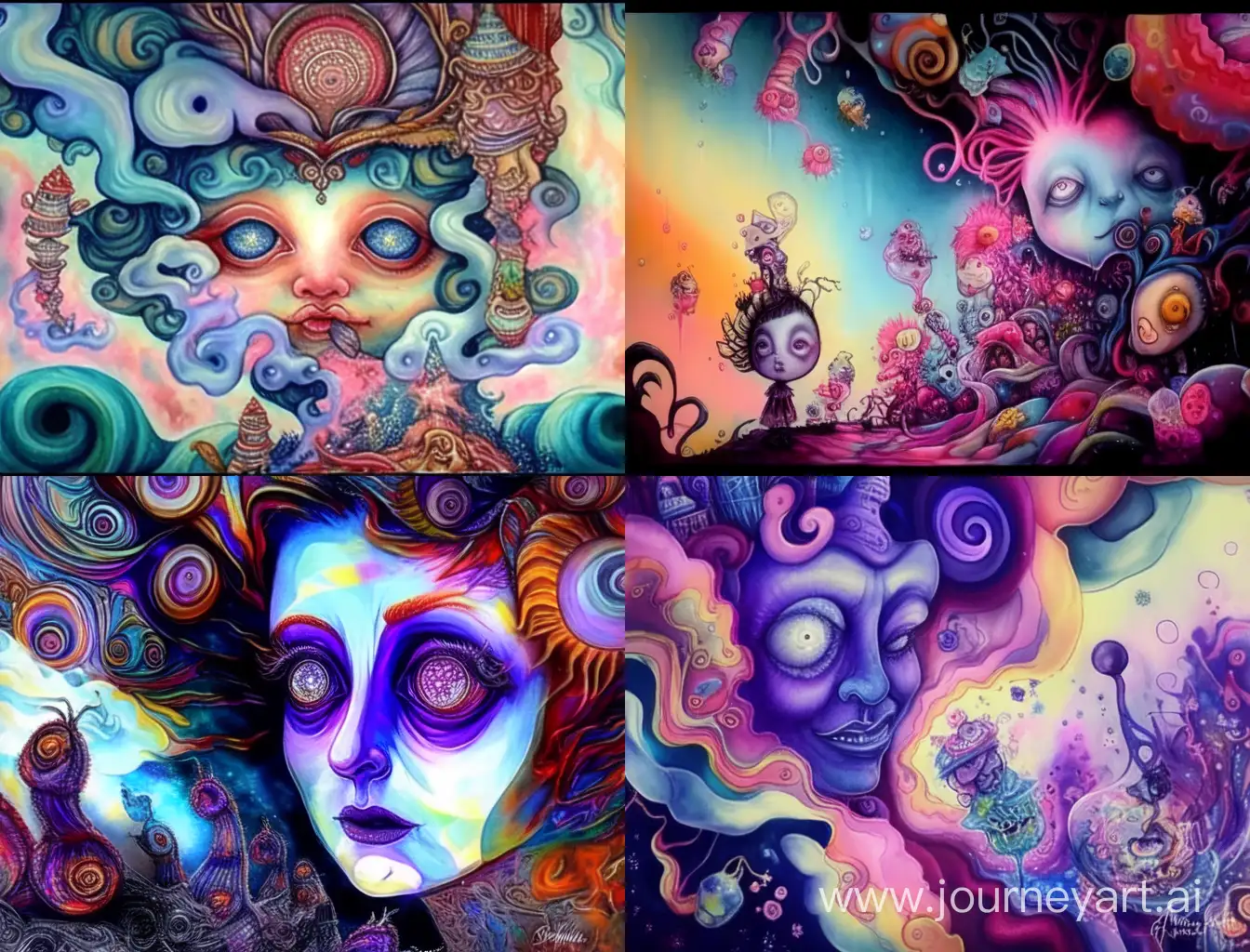 1900 porcelain deign, Tim Burton, clashing opposing colors, concept art, pen and alcohol ink, retro lowbrow <lora:Alcohol Inks:1.0>
8k resolution holographic astral cosmic illustration mixed media by Pablo Amaringo