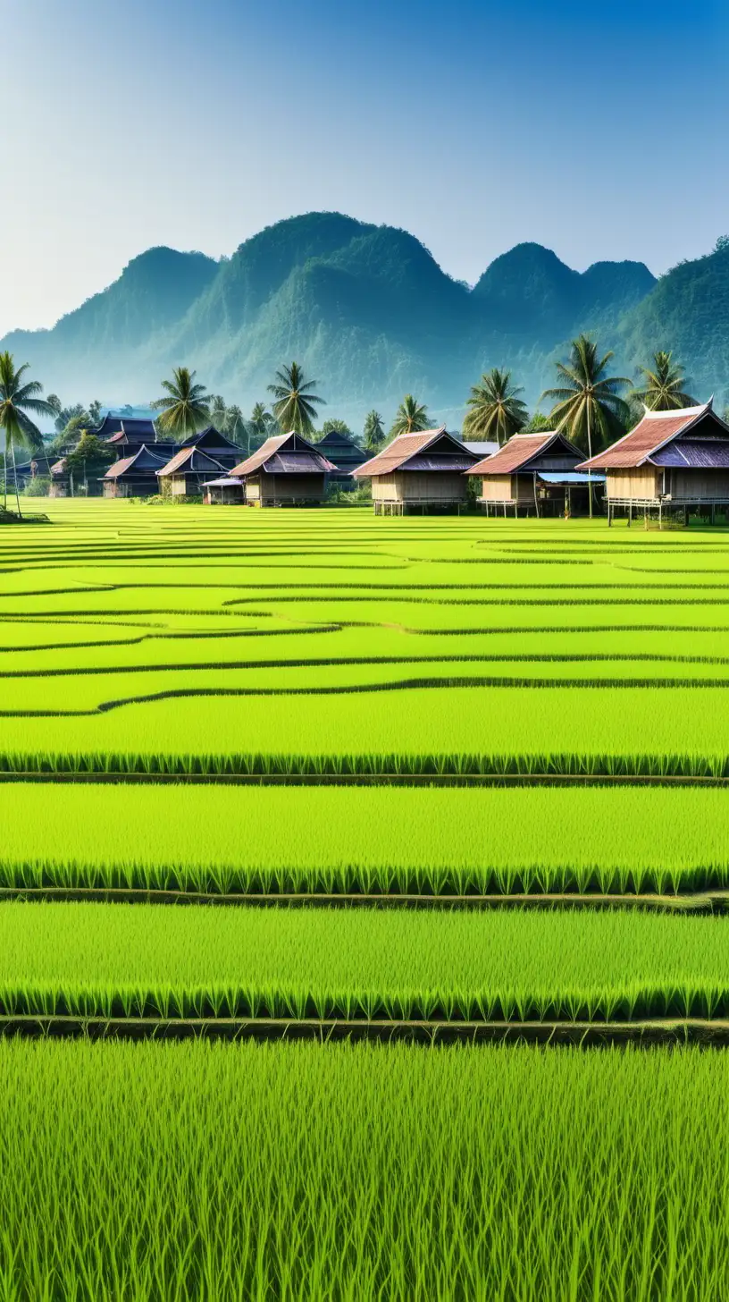 south east asia village landscape, clear sky, with rice field
