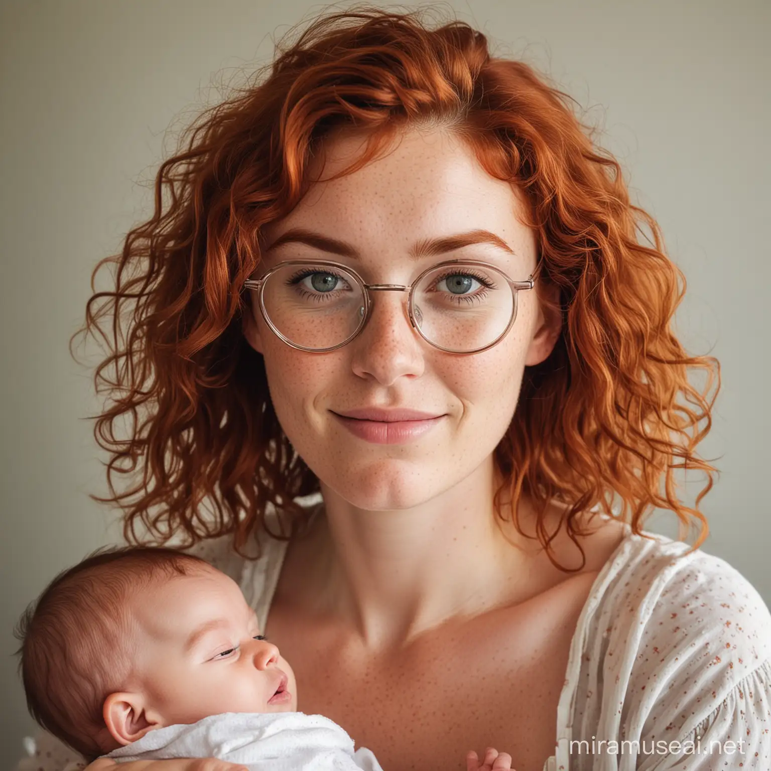 A woman in her 20s with glasses and freckles and wavy red hair breastfeeding a baby