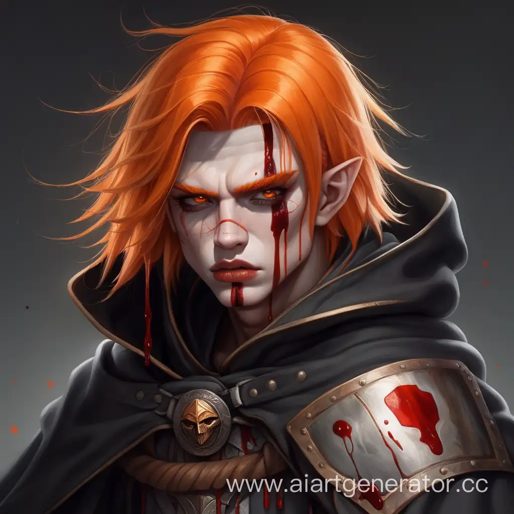 Человек воин в плаще с оранжевыми каре волосами и с кровью на губах