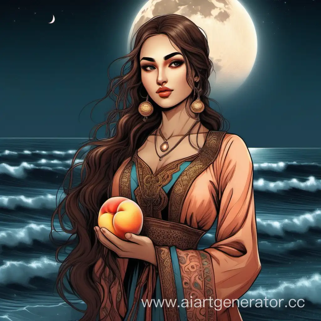 Сексуальная девушка в татарской одежде с карими глазами. У нее в руке персик. Вечер. Луна над океаном.