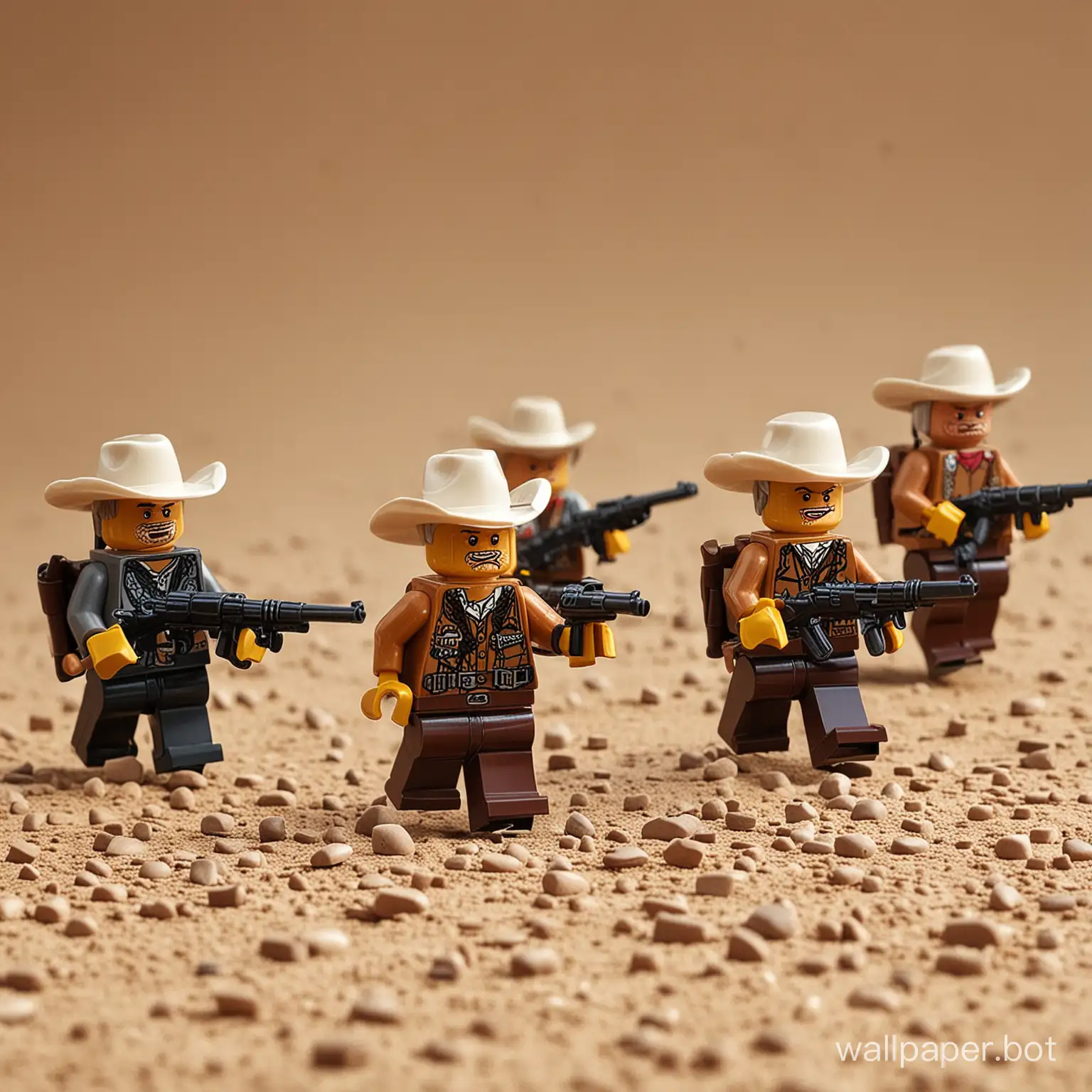Lego men running with guns cowboys