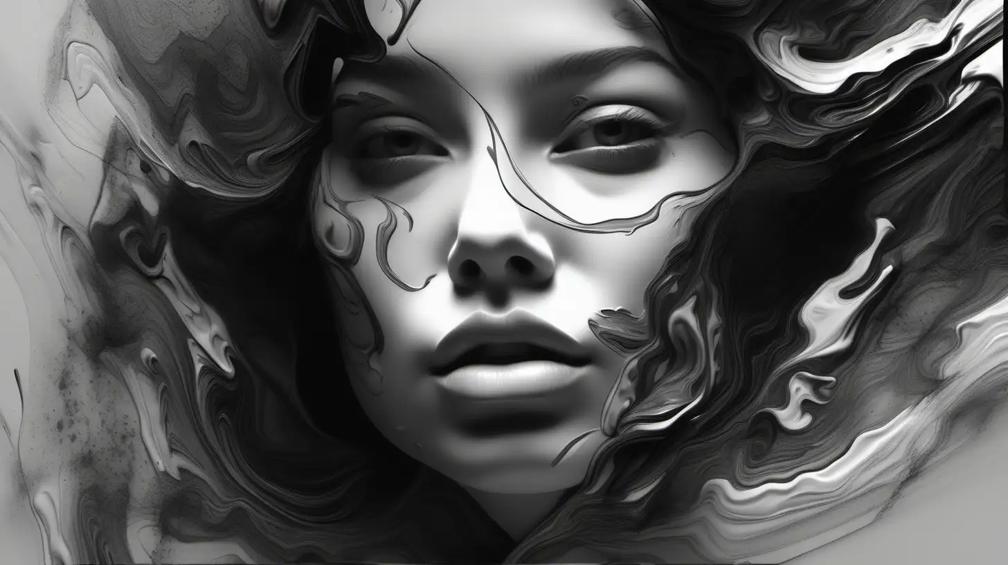  a black and white painting of woman's face, in the style of messy, zbrush, i can't believe how beautiful this is, flowing brushwork, multi-layered figures, sharp brushwork, bad painting --ar 73:112 --stylize 750 --v 6