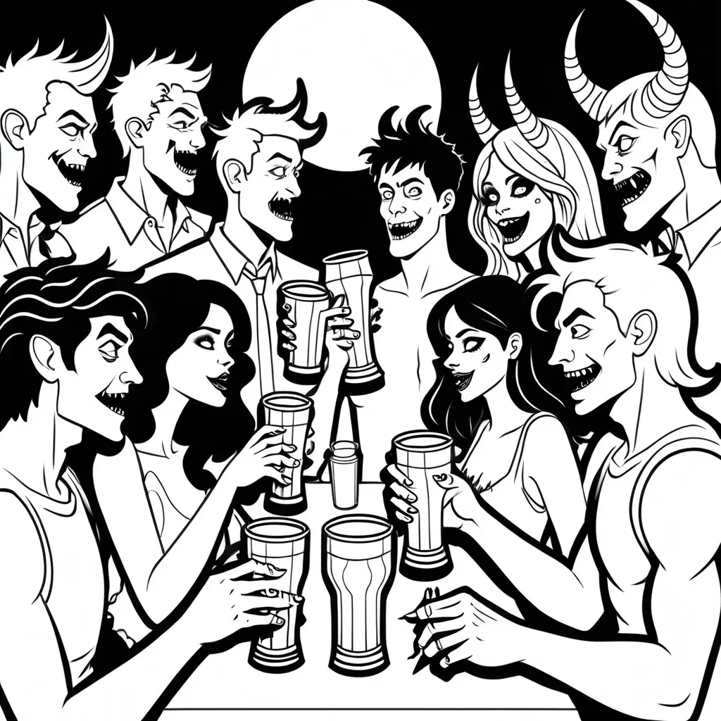 a simple black and white coloring book outline of men and women drinking at monster party, for coloring