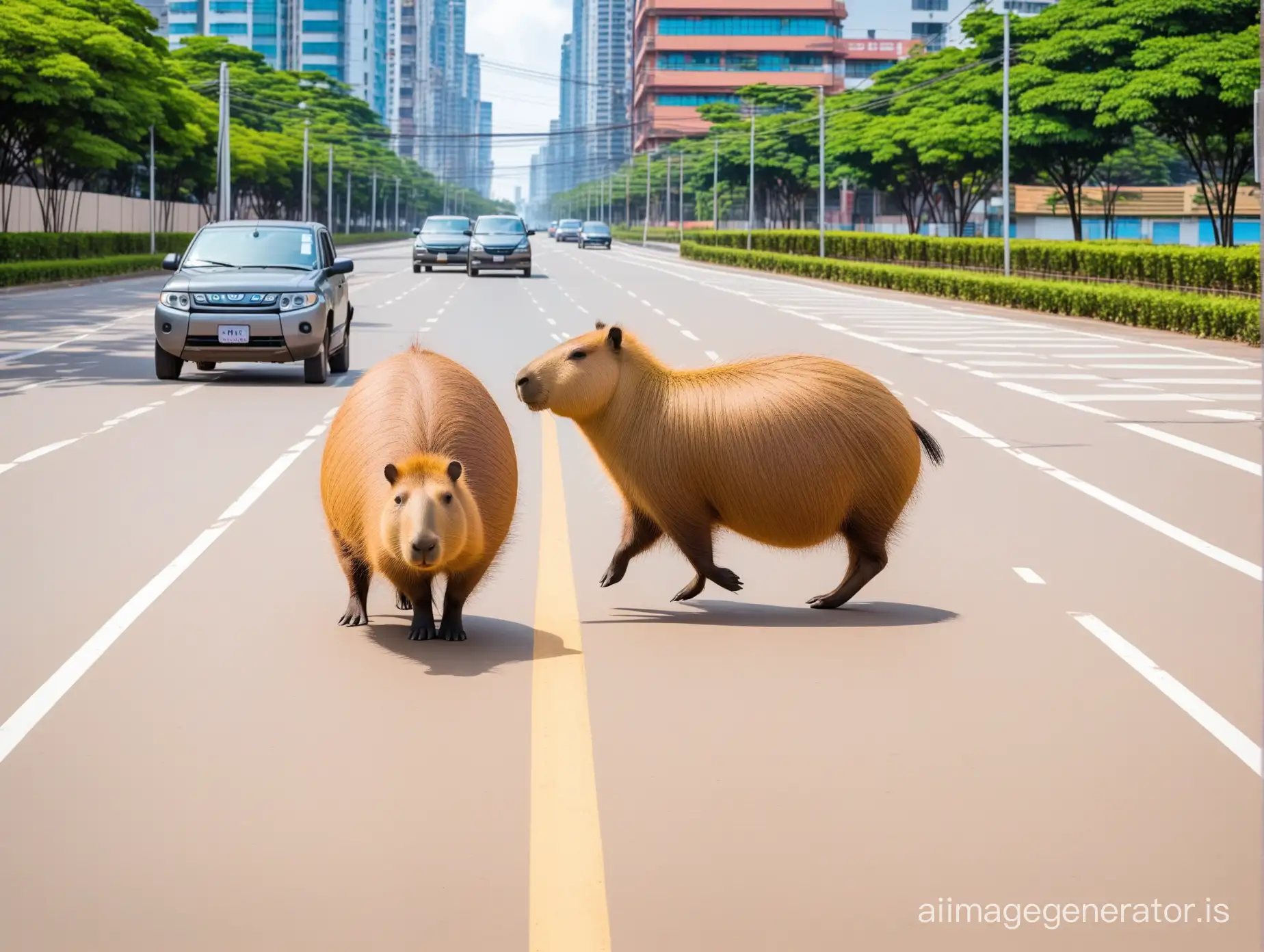 Capybara cross a road in city