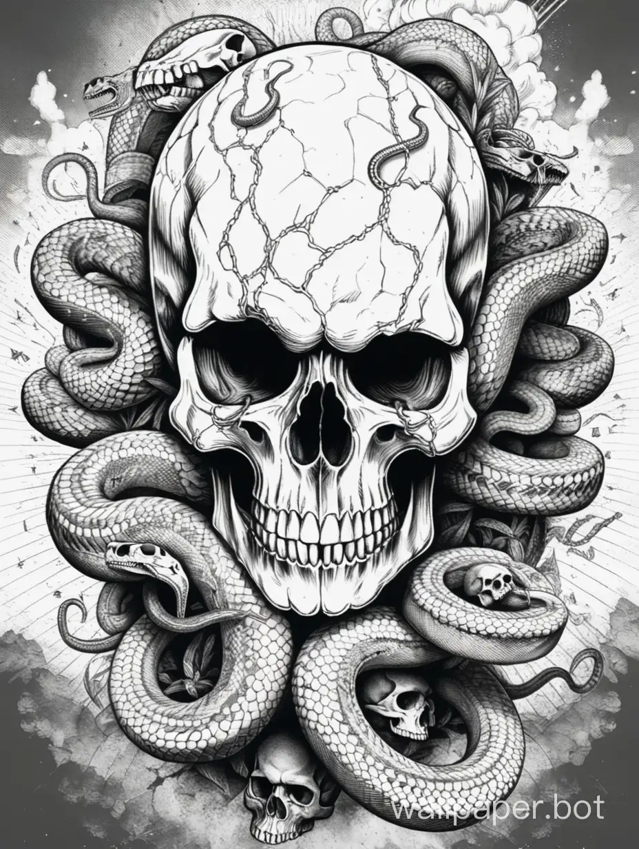 monochromatic skull, , lineart, explosive, snakes, poster style