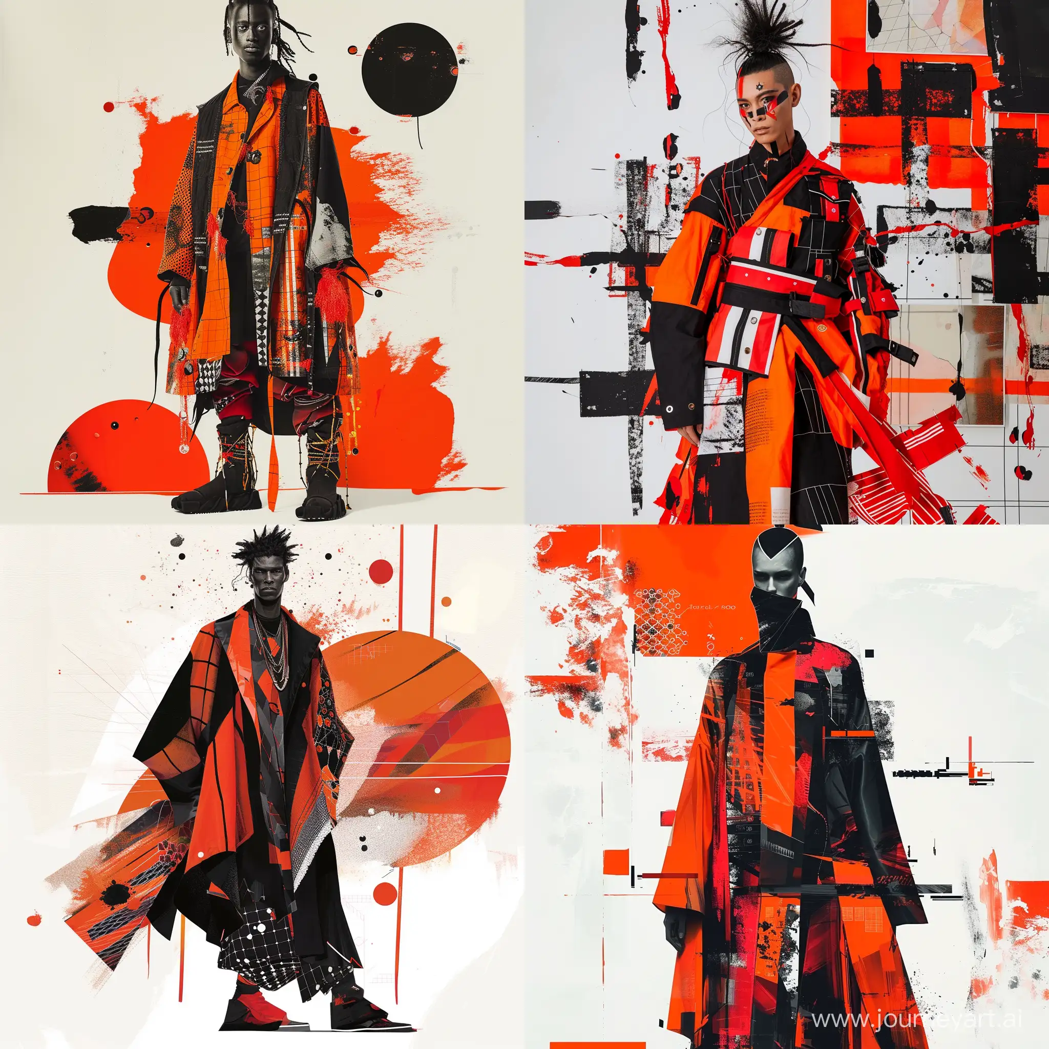Male. Capture the essence of the fashion image that embodies the concepts of identity, chaos, purity, freedom, mathematics, and the striking color palette of orange, black, and red. Imagine the journey of the wearer as they confidently navigate through a world that celebrates diversity and individuality. Dive into the details of their attire, the fusion of global influences, and the mathematical precision behind their fashion choices. Show us how they express their unique identity fearlessly and harmoniously through their bold and unconventional style.