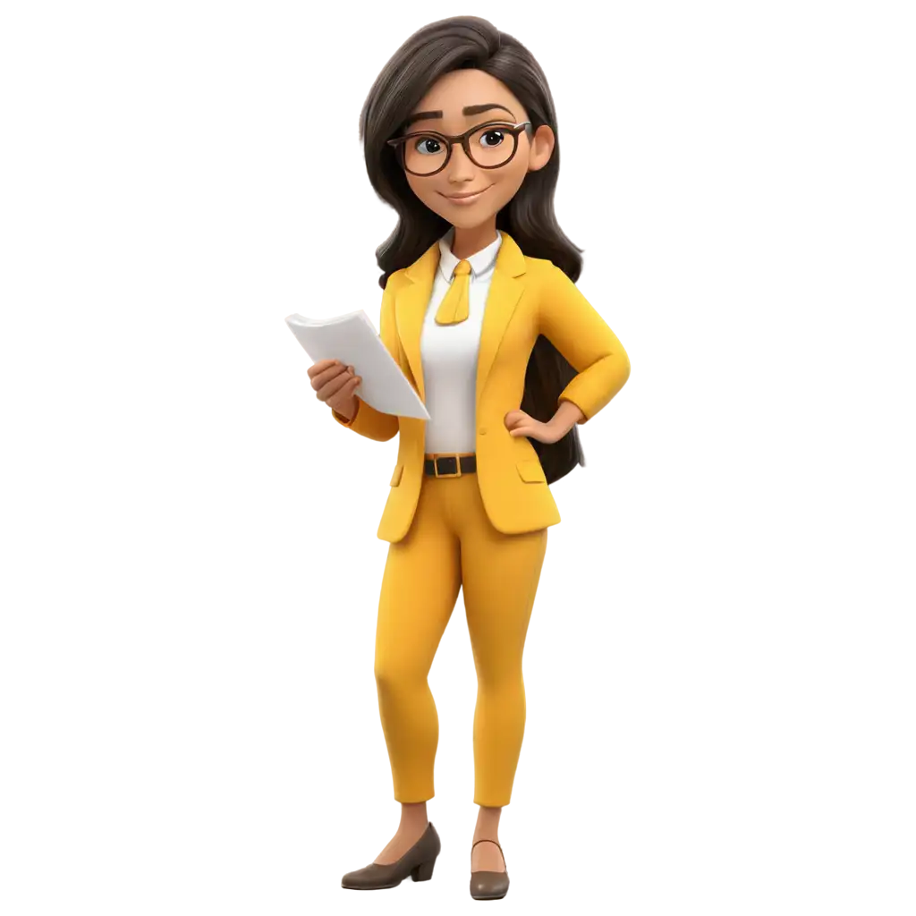 мультфільм жіночої  моделі в окулярах яка дивитися в паперовий листок і має жовтий одяг і білий бейджик на шиї 