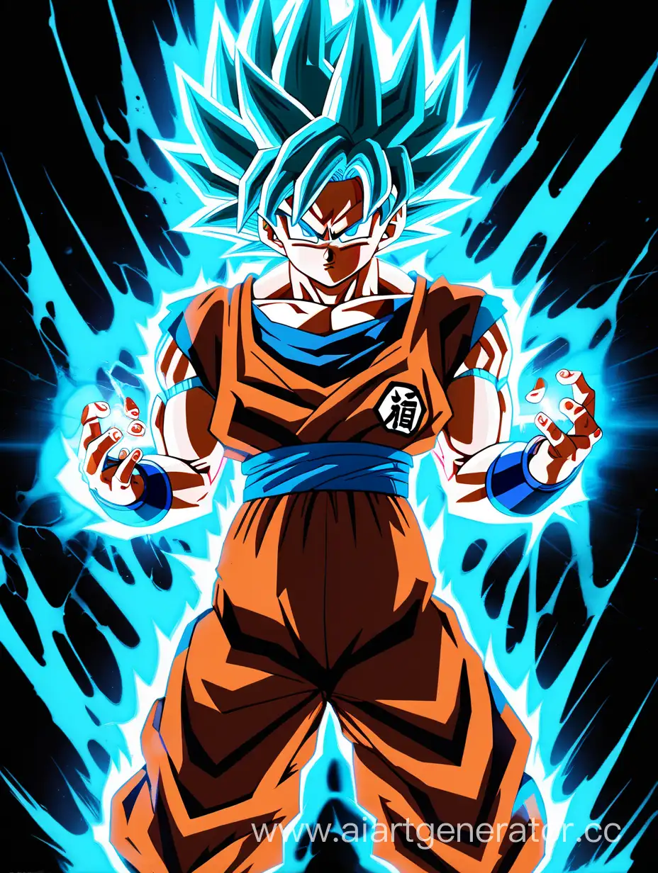 Goku, super saiyan blue transformation, full growth, light blue eyes, red skin color, damaged wearing, blue-red aura, death stare