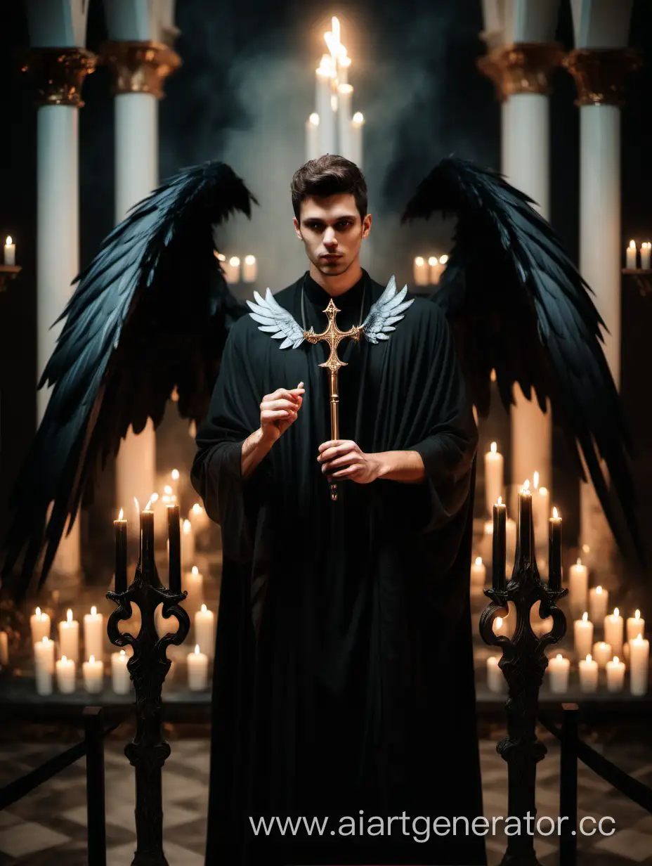 Красивый мужчина с чёрными крыльями у алтаря со свечами, держит в руке скипитр 