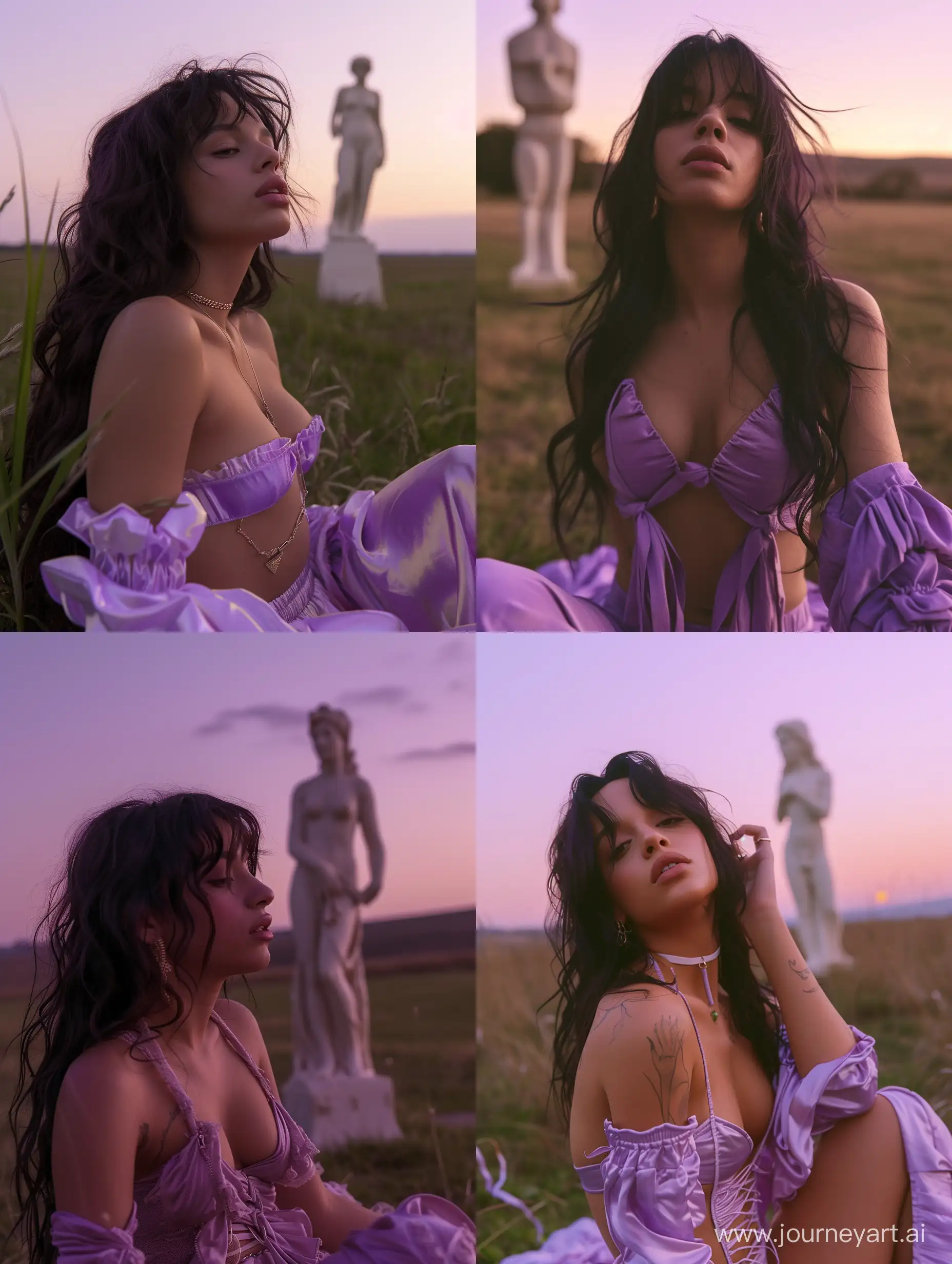 purple sunrise, open field, realistic Camila 'dark-hair'   Cabello, she is blushing, figure-wrapping street outfit, she sits looking at herself, ivory statue in the background, close-up view of Camila's ynoic folds
