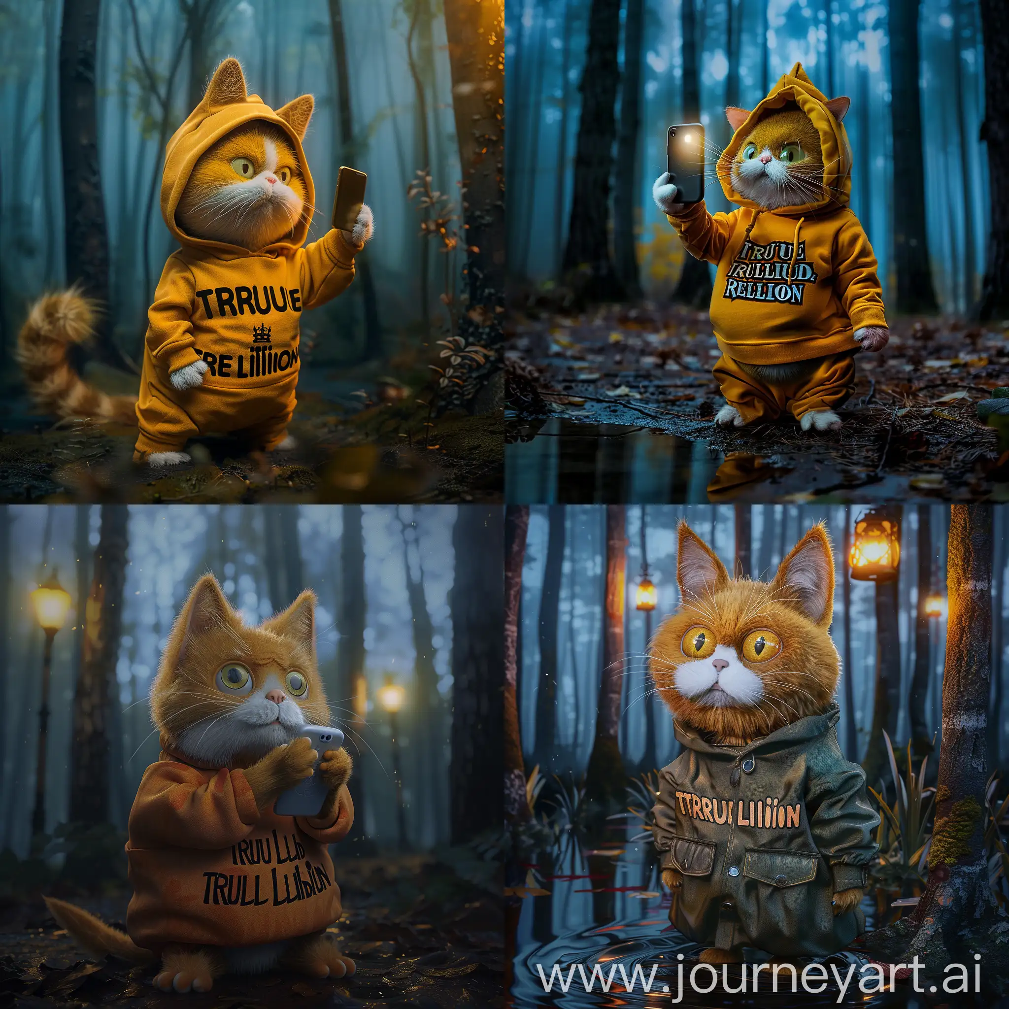 Hyperrealistic-Selfie-Cat-Garfield-Dressed-in-True-Religion-Brand-in-Dark-Forest