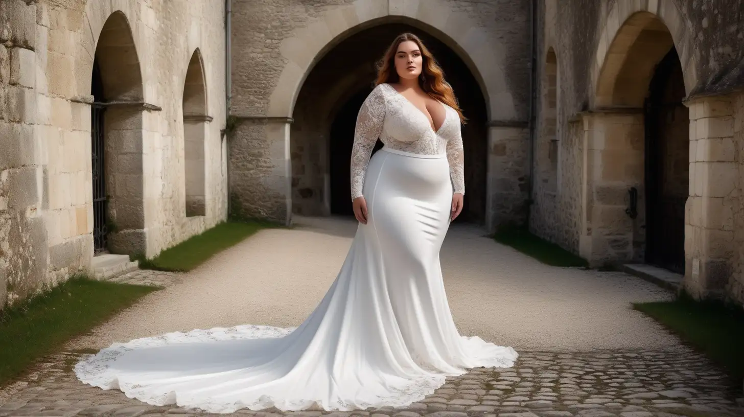 beautiful, sensual, elegant plus size model wearing a long lace white gown with a train, white flared skirt, fitted white bodice, deep v-neck, long tight sleeves, high defined waistline with a waistband tonal to the dress, luxury photoshoot inside a castle in France