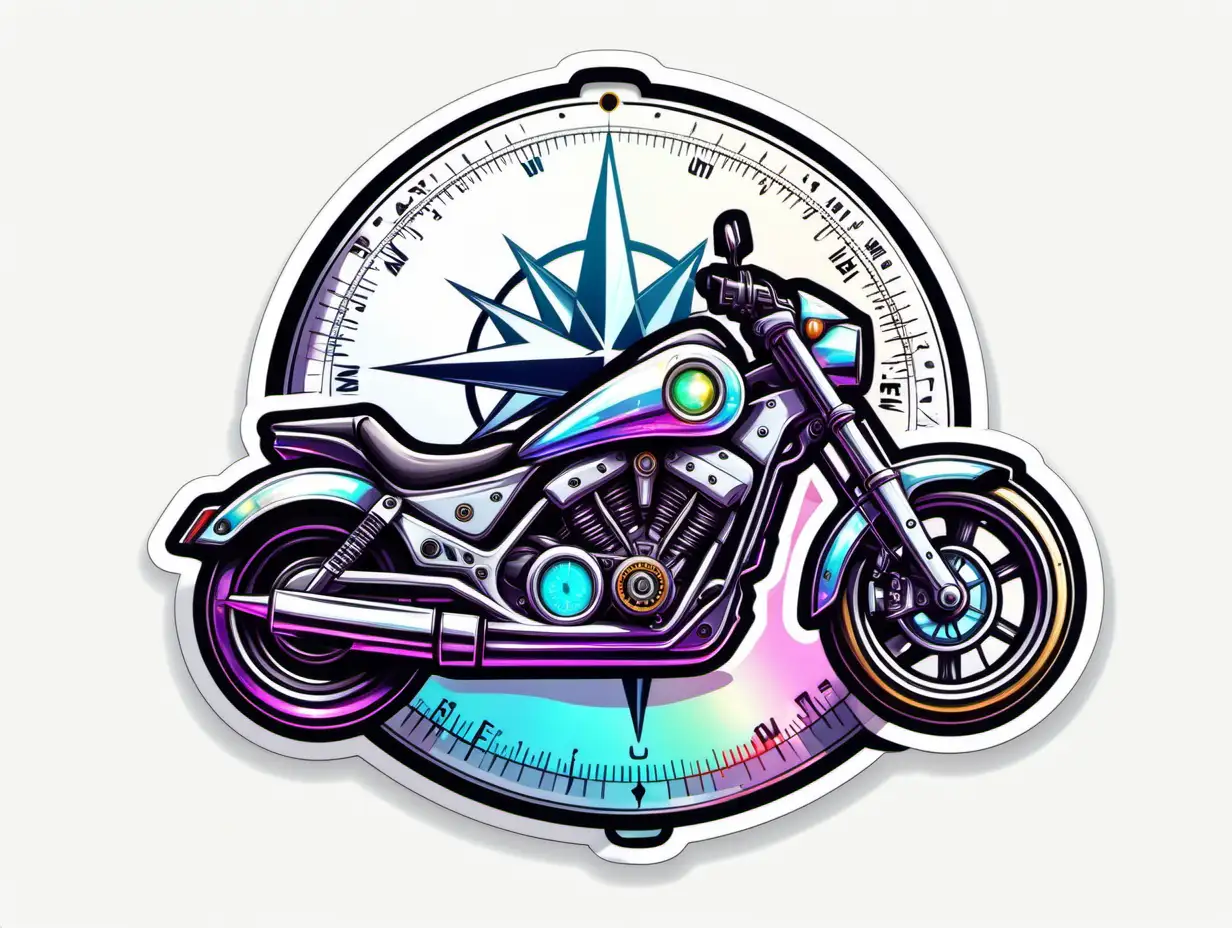 Motorcycle Compass , Sticker, Enthusiastic, Holographic, Concept Art, Contour, Vector, White Background, Detailed

