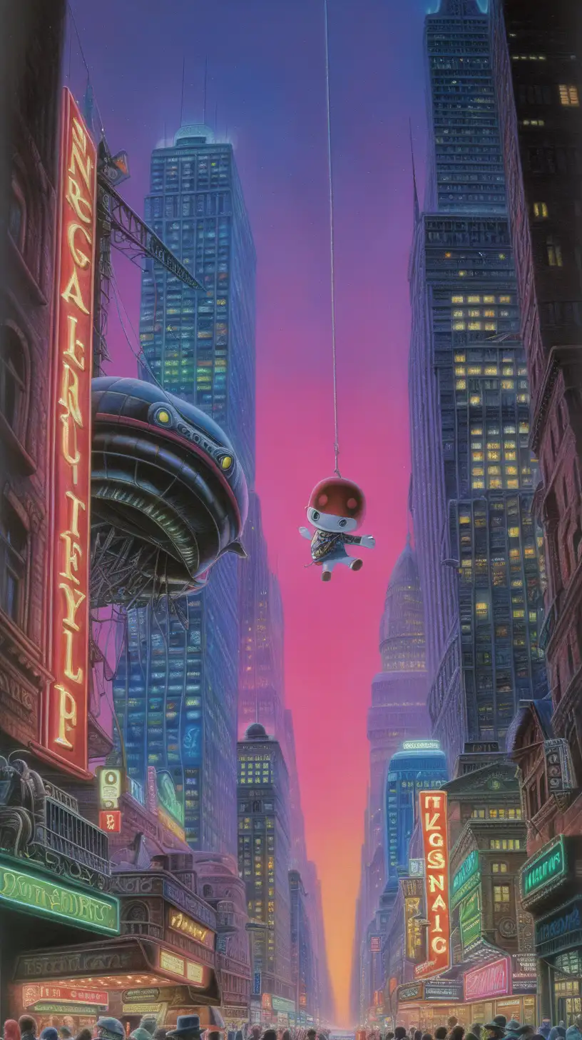 art by wayne barlowe,  plasma, by H.R. Giger, Animal Crossing Characters, dramatic color, by john Constable, canvas, city, neon, by John Kenn mortense, tonal colors, busy, swings hanging from skyscrapers