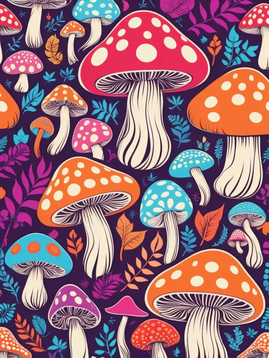 Hippie retro mushrooms, hot colors