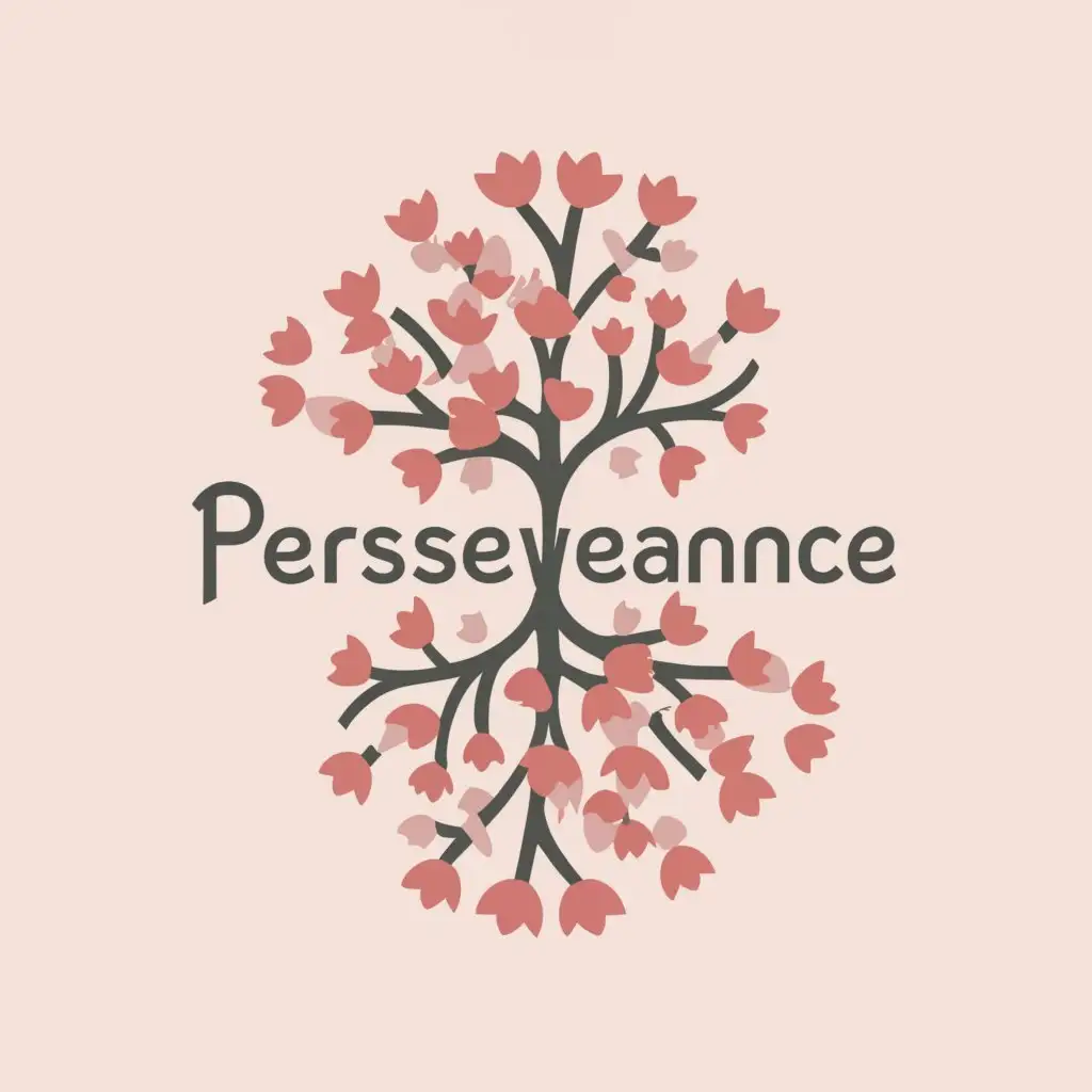 a logo design,with the text "Perseverance", main symbol: Cherry blossoms (sakura) are iconic symbols of Japan and represent the transient nature of life. Use abstract cherry blossom petals scattered across the shirt, gradually transforming into a strong, unyielding tree trunk, symbolizing perseverance. Start with delicate pastel shades for the blossoms, transitioning to deeper, more grounded tones for the trunk and branches. Consider incorporating subtle texture to mimic the softness of petals and the strength of wood.,complex,clear background
