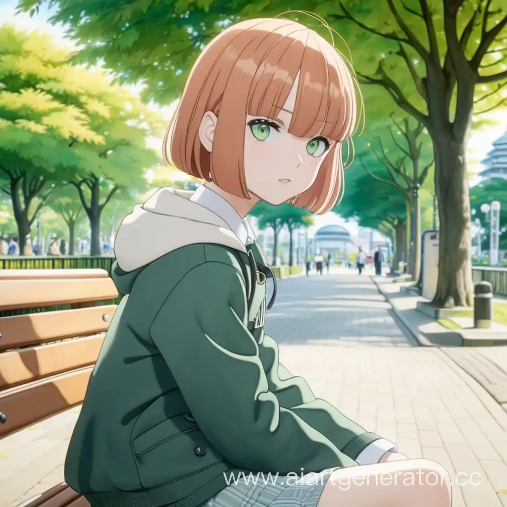 Yokohama-Park-Bench-Portrait-of-a-Anime-TwelveYearOld-Girl-with-Pale-Green-Eyes-and-Reddish-Hair