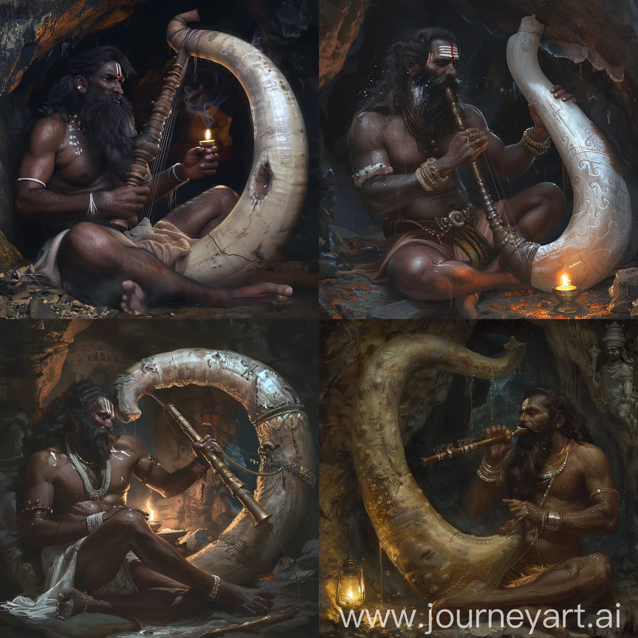 Mysterious-Night-Serenade-South-Indian-Man-Playing-Elephant-Tusk-Instrument-at-Cave-Temple