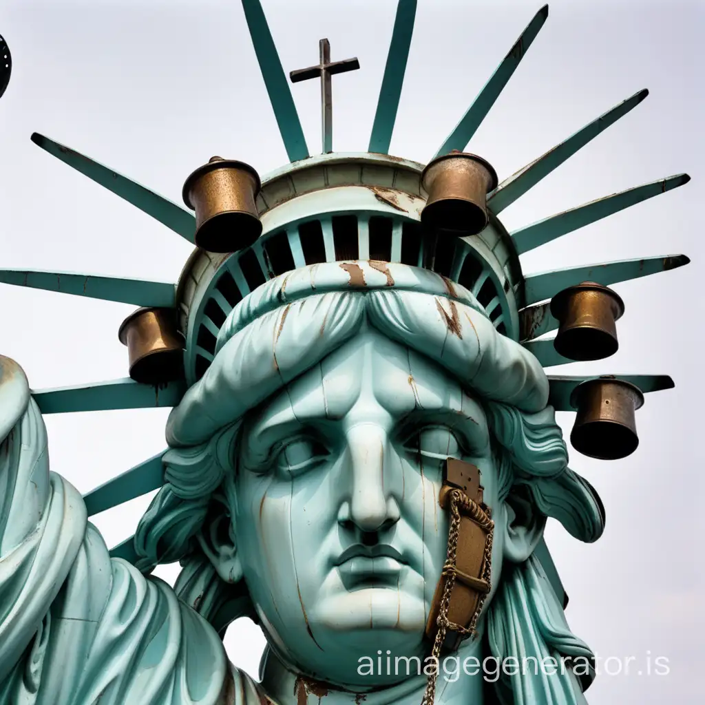 Statue of Liberty, cross, and worn-out helmets