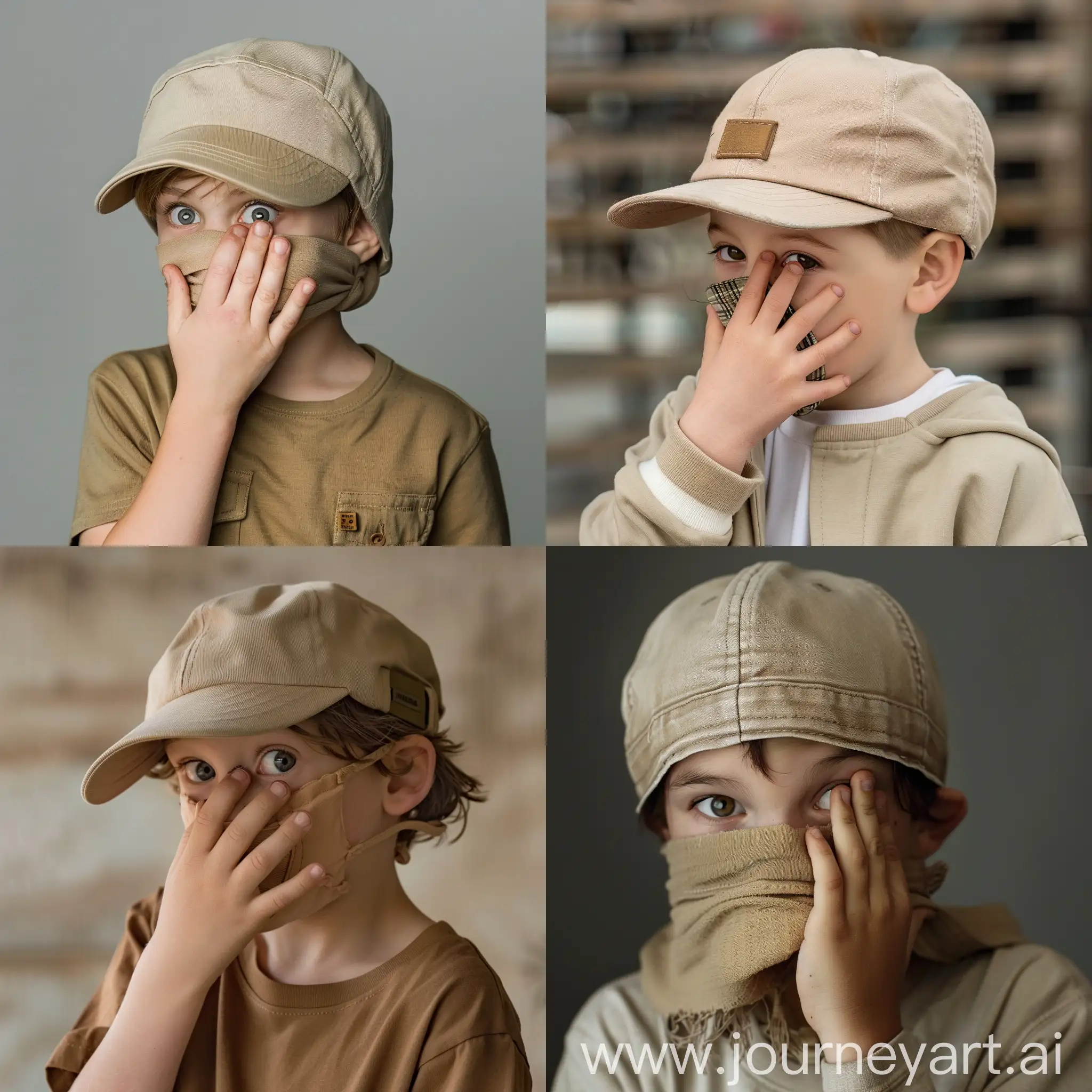 boy wearing beige backwards hat covering his mouth with his hand