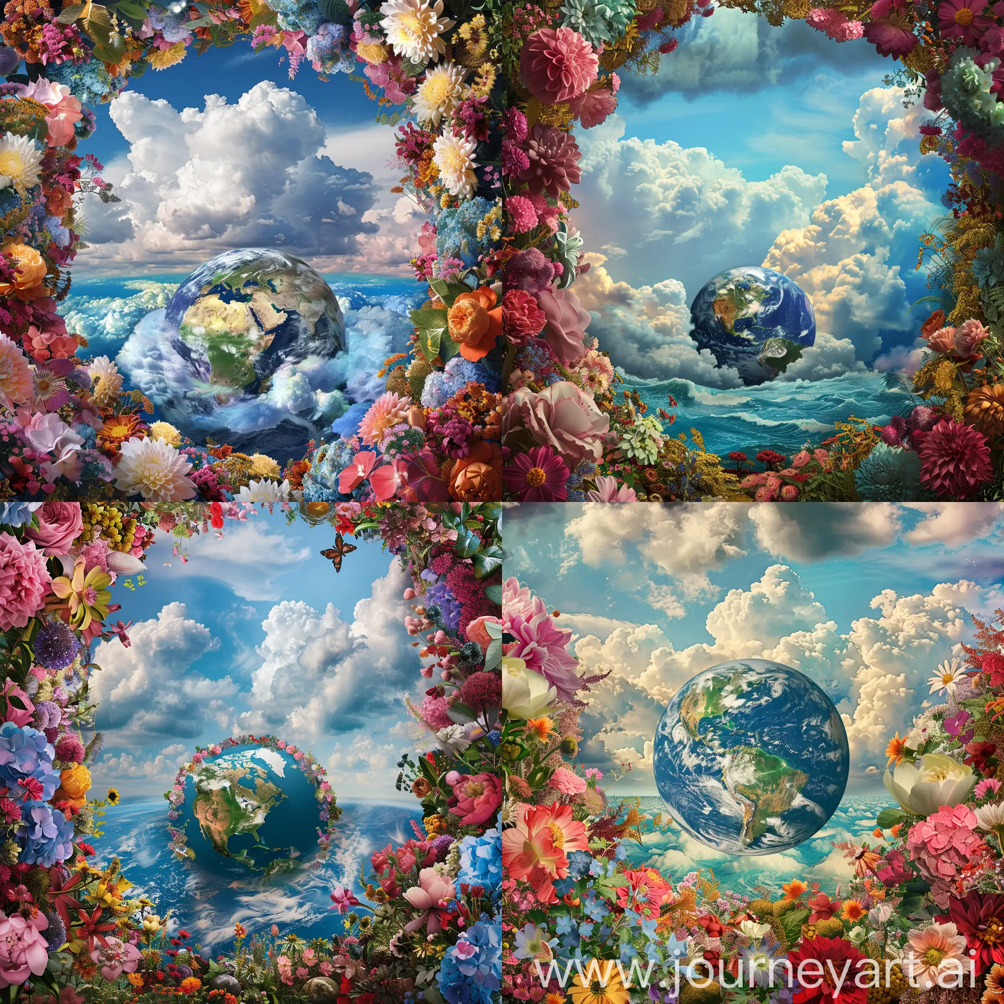 I intend to create an NFT using AI-generated digital collage art. The image I envision depicts the Earth surrounded by beautiful flowers, seas, and dry land. The background should be a cloudy blue sky, adding a special allure. Here are the color patterns I have in mind:
The image type is digital collage art.
1. For the beautiful flowers:
- Pink: #ff69b4
- Red: #ff0000
- Yellow: #ffff00
- Purple: #800080
2. For the seas:
- Blue: #0000ff
- Sky Blue: #1e90ff
- Dark Blue: #006400
3. For the dry land:
- Brown: #8b4513
- Emerald: #008000
- Crimson: #dc143c
4. For the background sky image, you can use the HEX color code #6a5acd.
