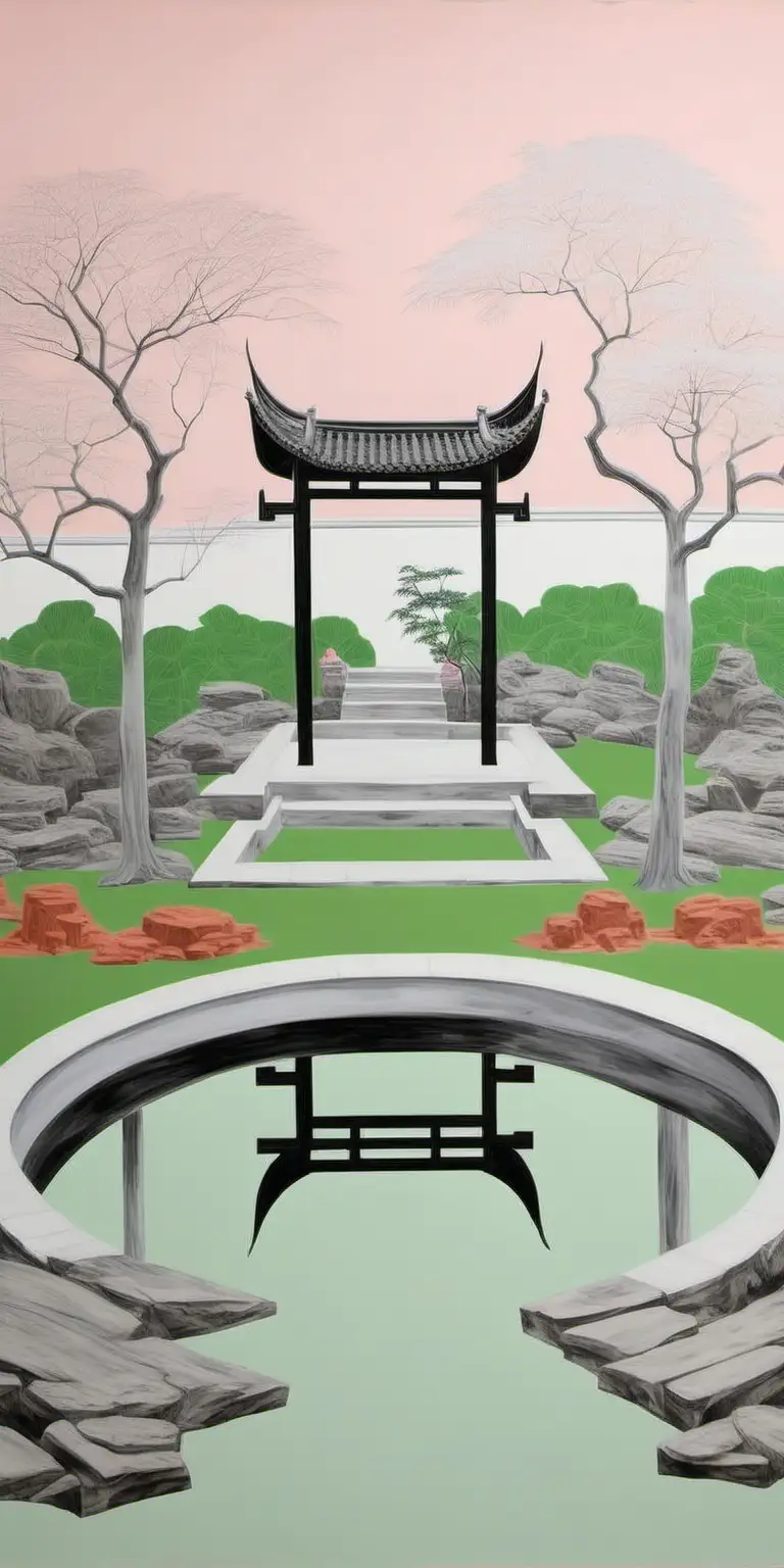 Maira Kalman Inspired Chinese Garden Montage with Surrealistic Style