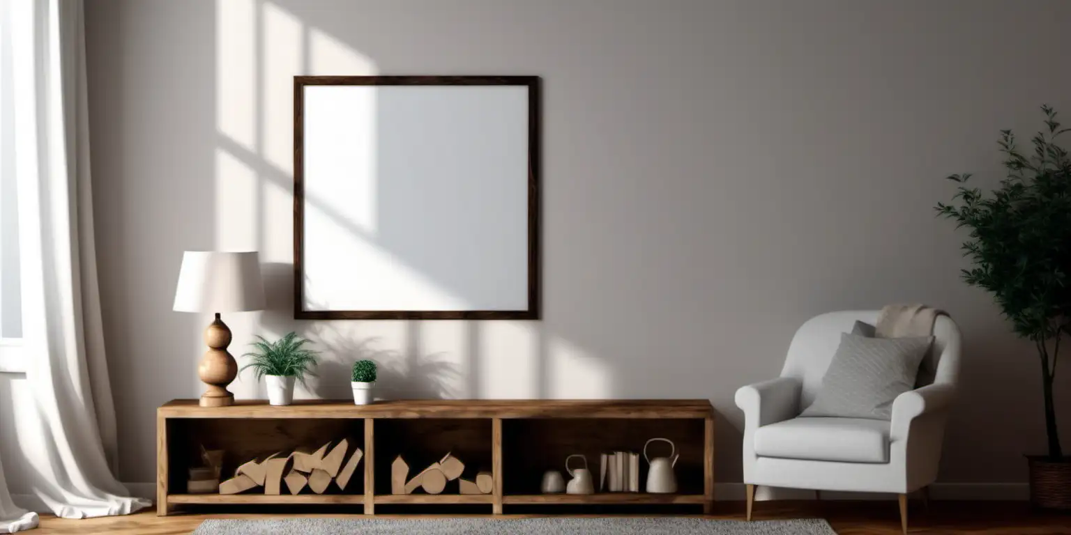 wooden poster white blank frame mockup, reflection, shadow overlay, cozy living room, farmhouse stlyle, warm room, 4K, exclude random objects,