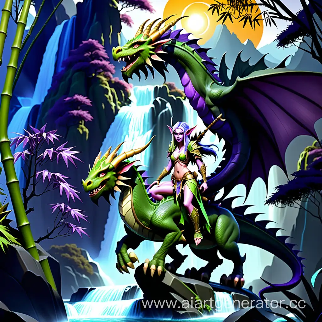 Majestic-Night-Elf-Riding-Dragon-Over-Mountain-Landscape-with-Sun-and-Waterfall